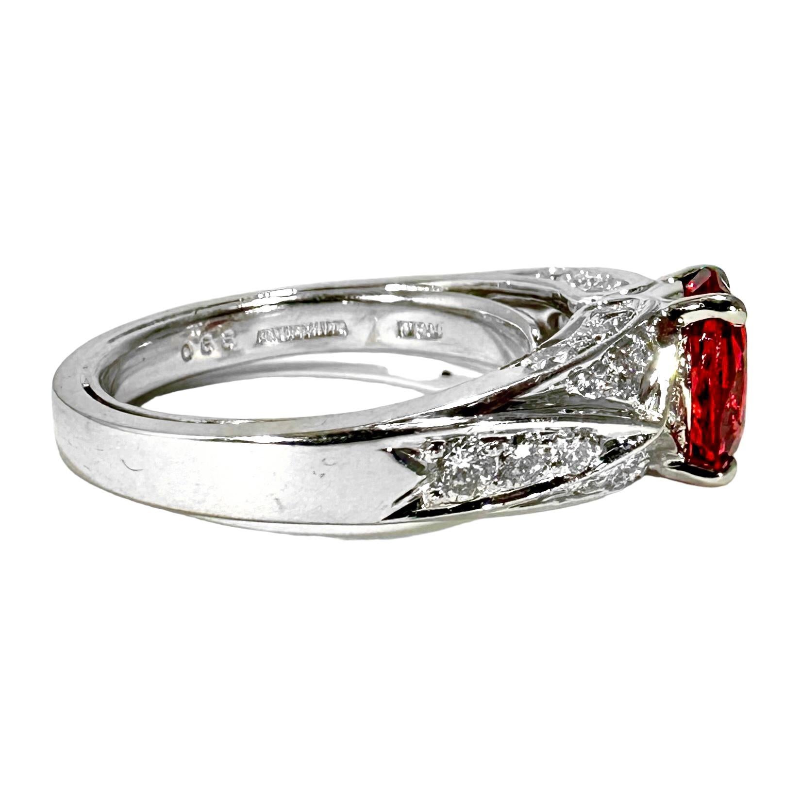 Brilliant Cut Vivid Oval Shaped Orangy-Red Burmese Spinel set in Platinum Ring with Diamonds