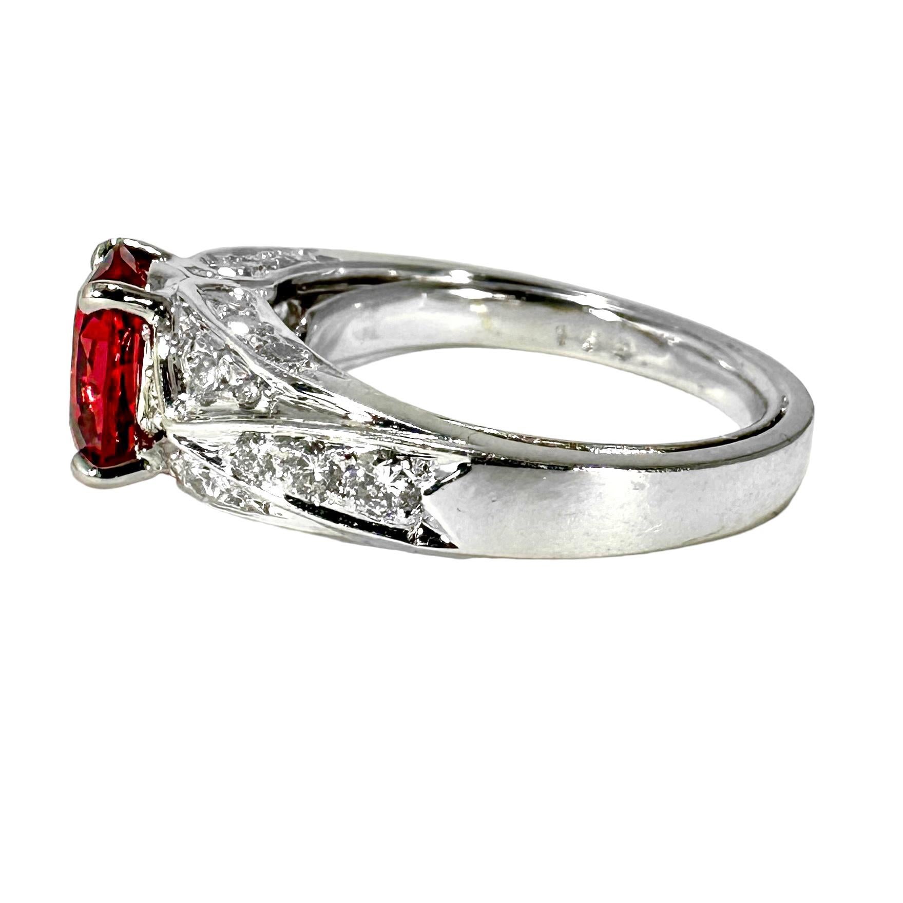 Women's Vivid Oval Shaped Orangy-Red Burmese Spinel set in Platinum Ring with Diamonds