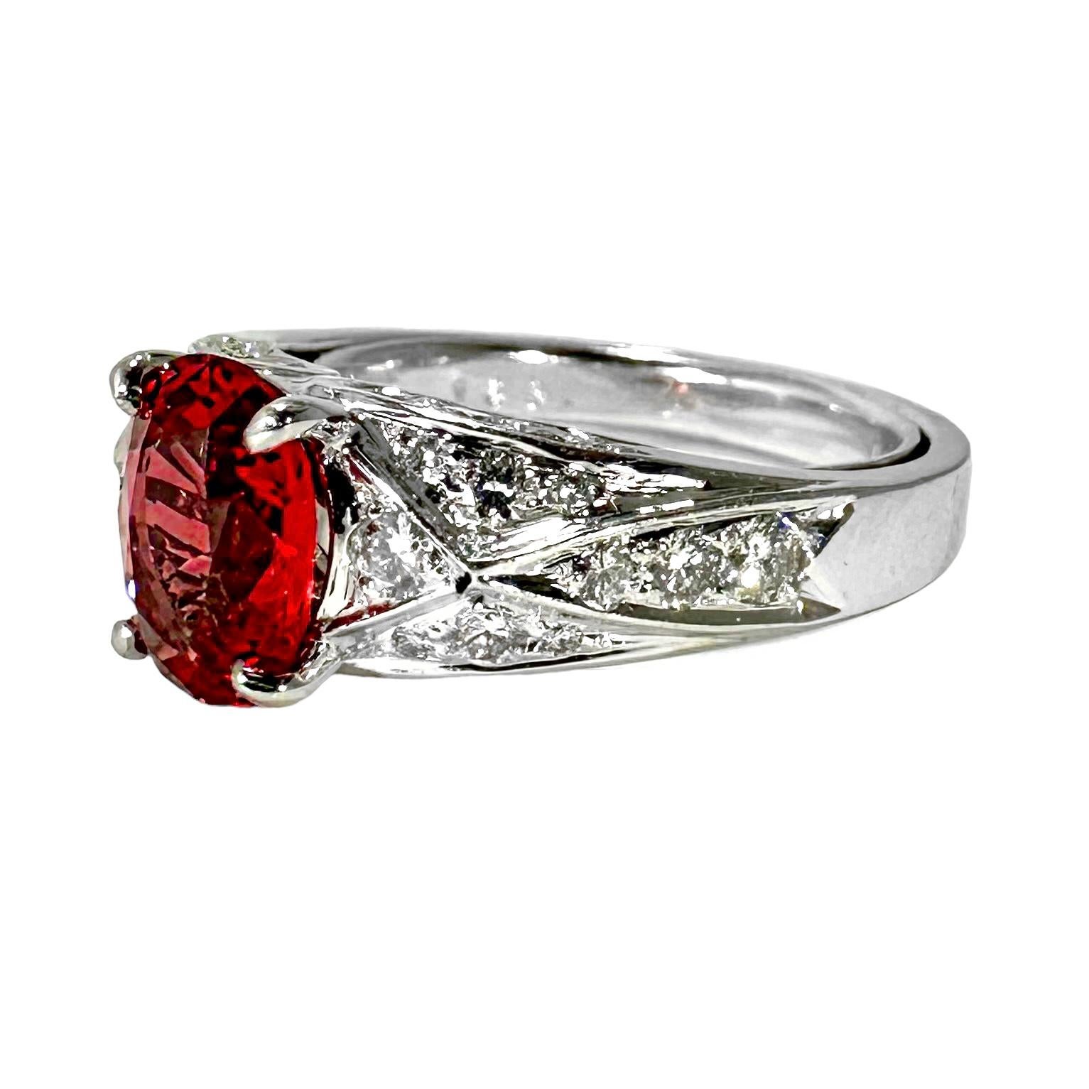Vivid Oval Shaped Orangy-Red Burmese Spinel set in Platinum Ring with Diamonds 1