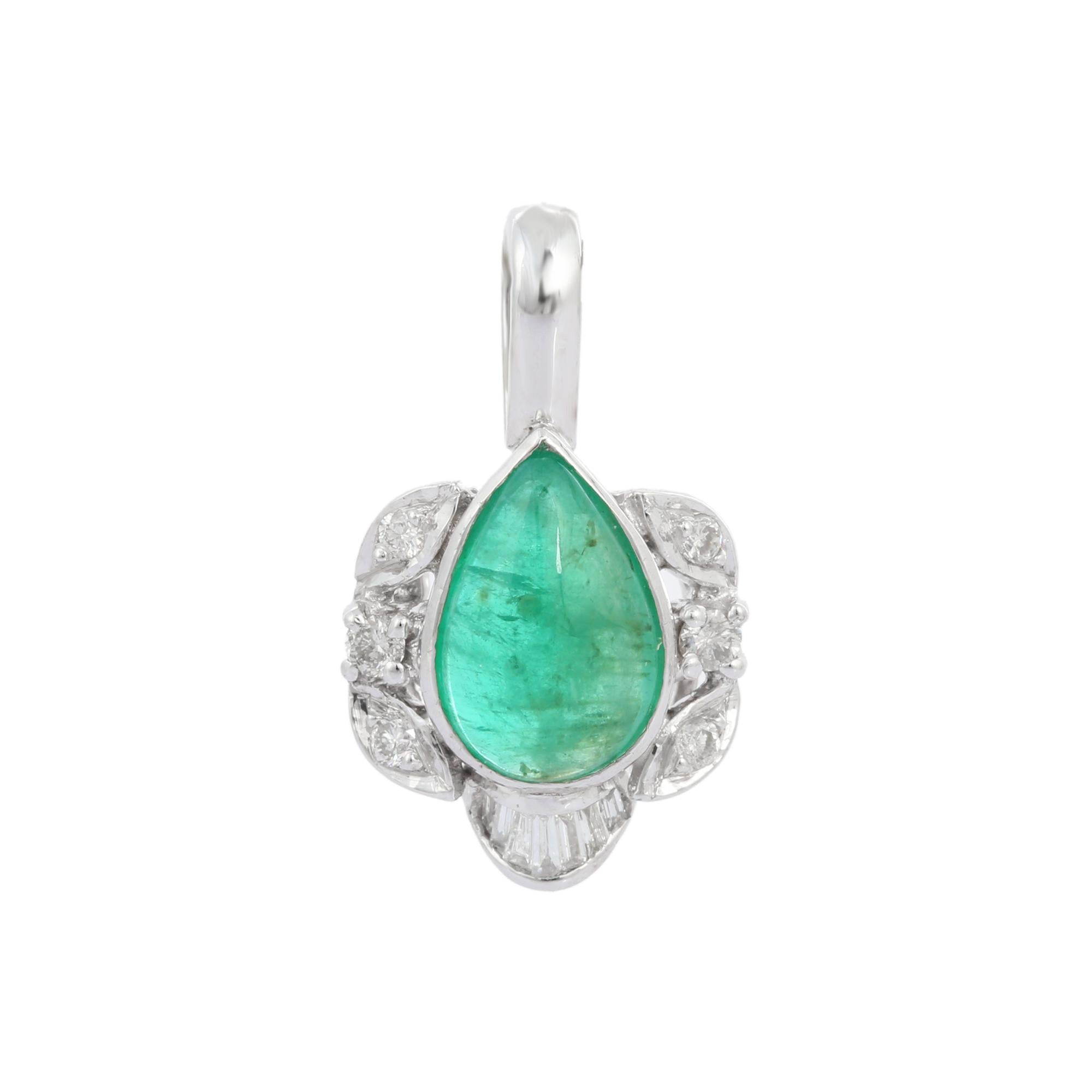 Art Deco Vivid Pear Cut Emerald and Diamond Designer Pendant in 18K White Gold For Sale