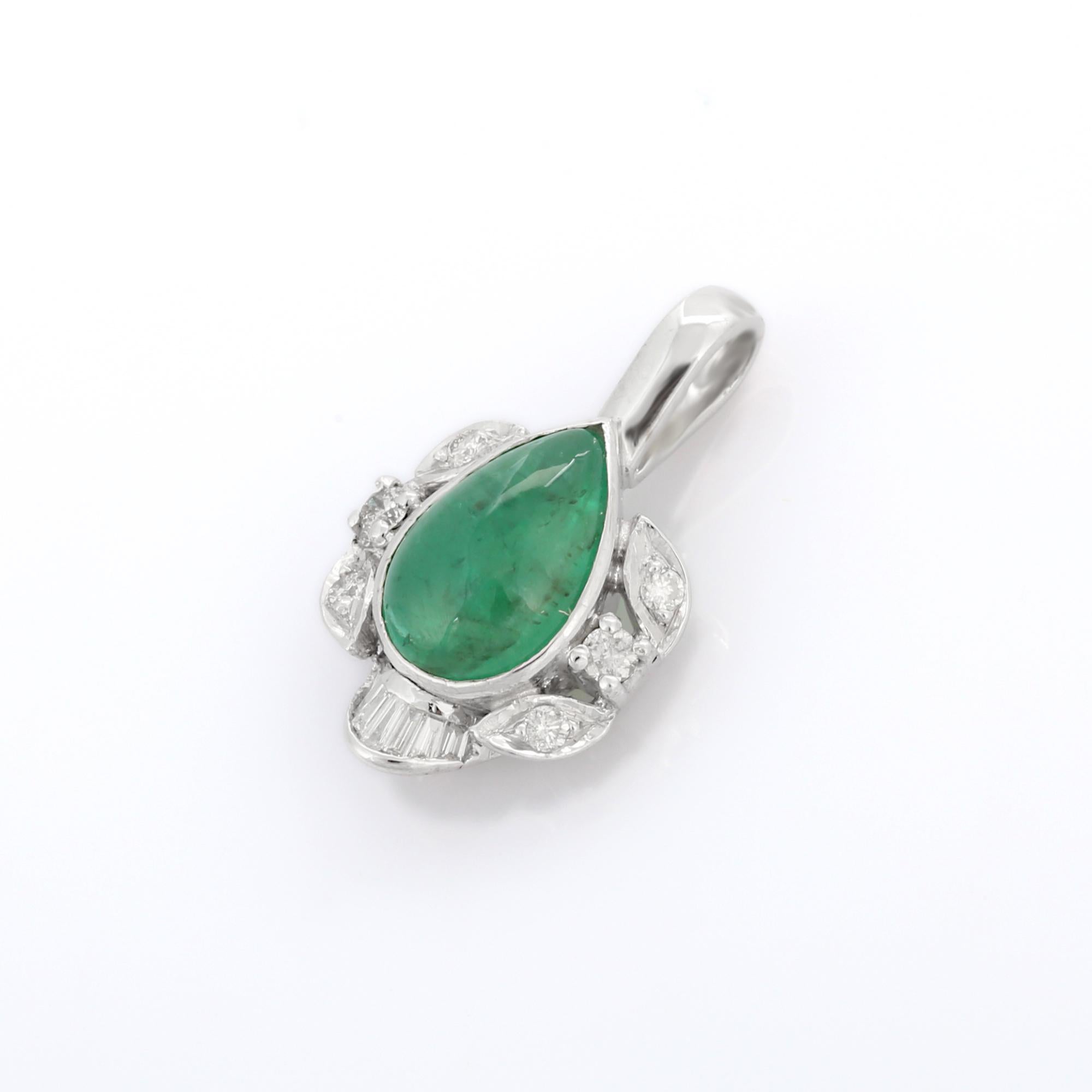 Women's Vivid Pear Cut Emerald and Diamond Designer Pendant in 18K White Gold For Sale