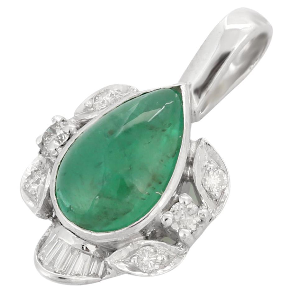 Vivid Pear Cut Emerald and Diamond Designer Pendant in 18K White Gold For Sale