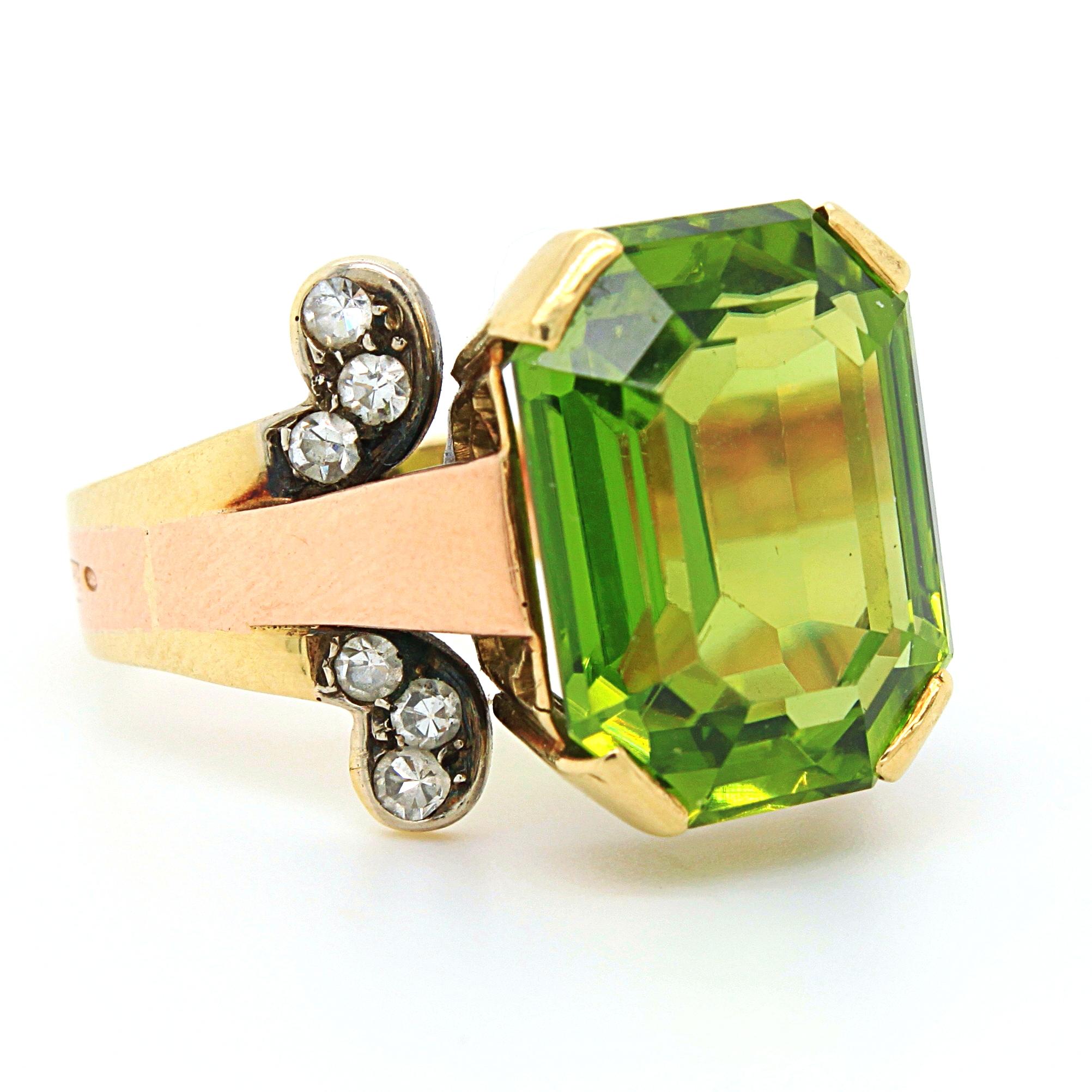 Emerald Cut Vivid Peridot and Diamond Ring in Yellow and Red Gold, ca. 1950s