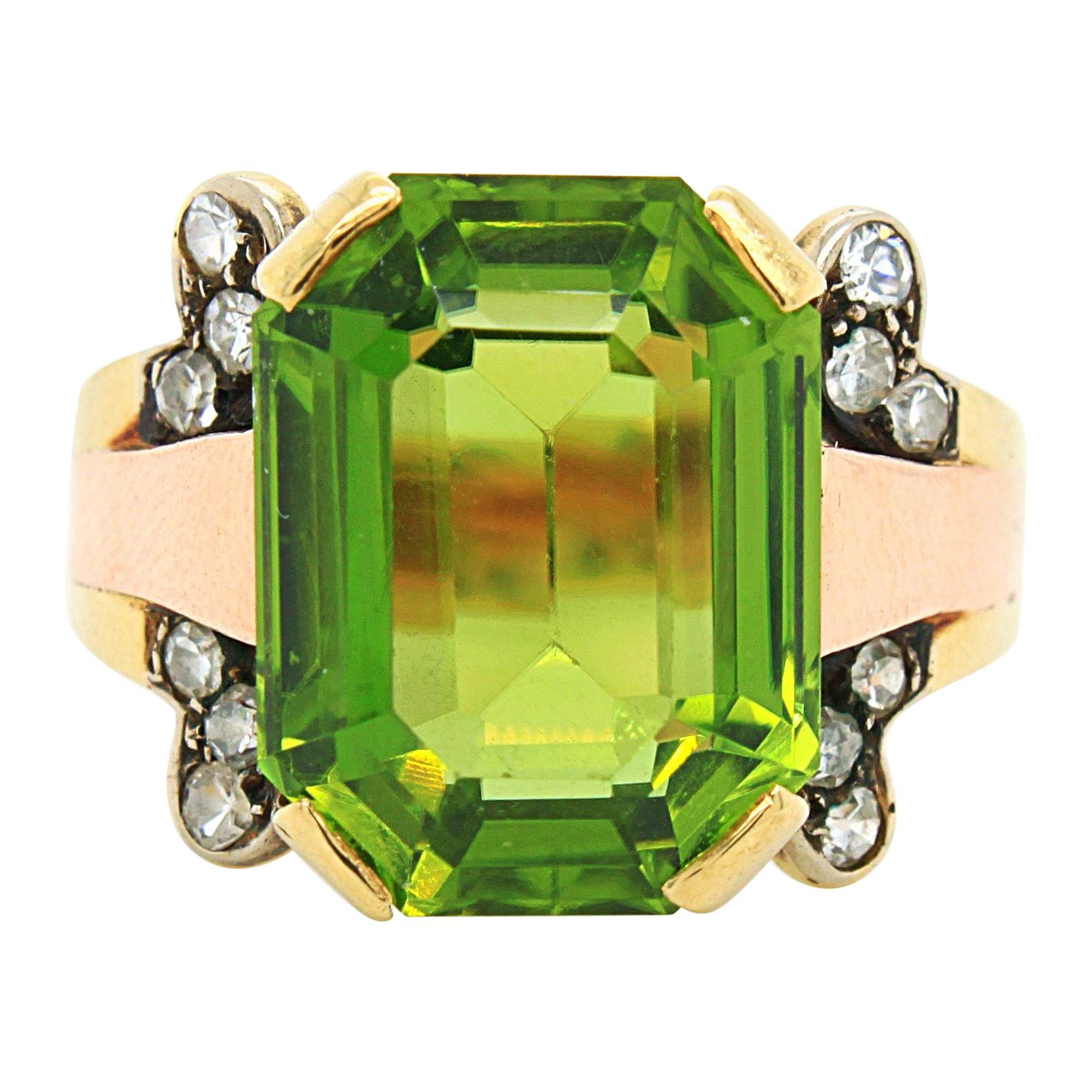 Vivid Peridot and Diamond Ring in Yellow and Red Gold, ca. 1950s