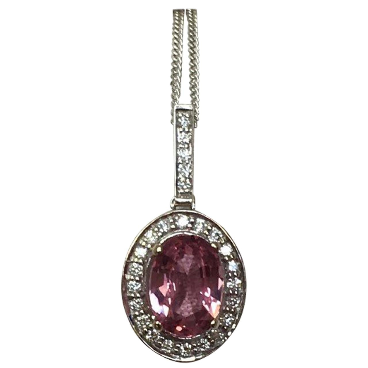 Vivid Pink Ceylon Sapphire and Diamond 18 Karat Gold Cluster Pendant 0.80 Carat