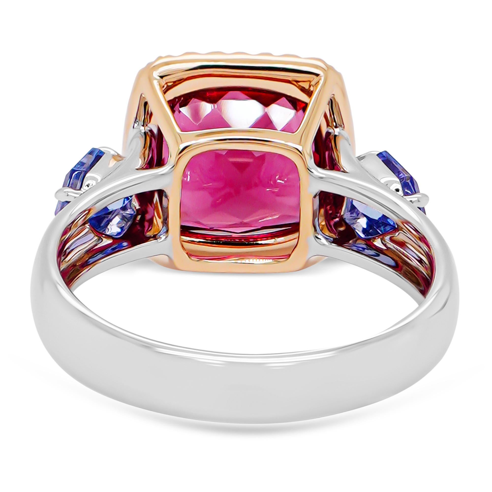 Art Nouveau Vivid Pink Cruziero Rubellite Brazil 2.92 Carat & Tanzanite Cocktail Ring For Sale