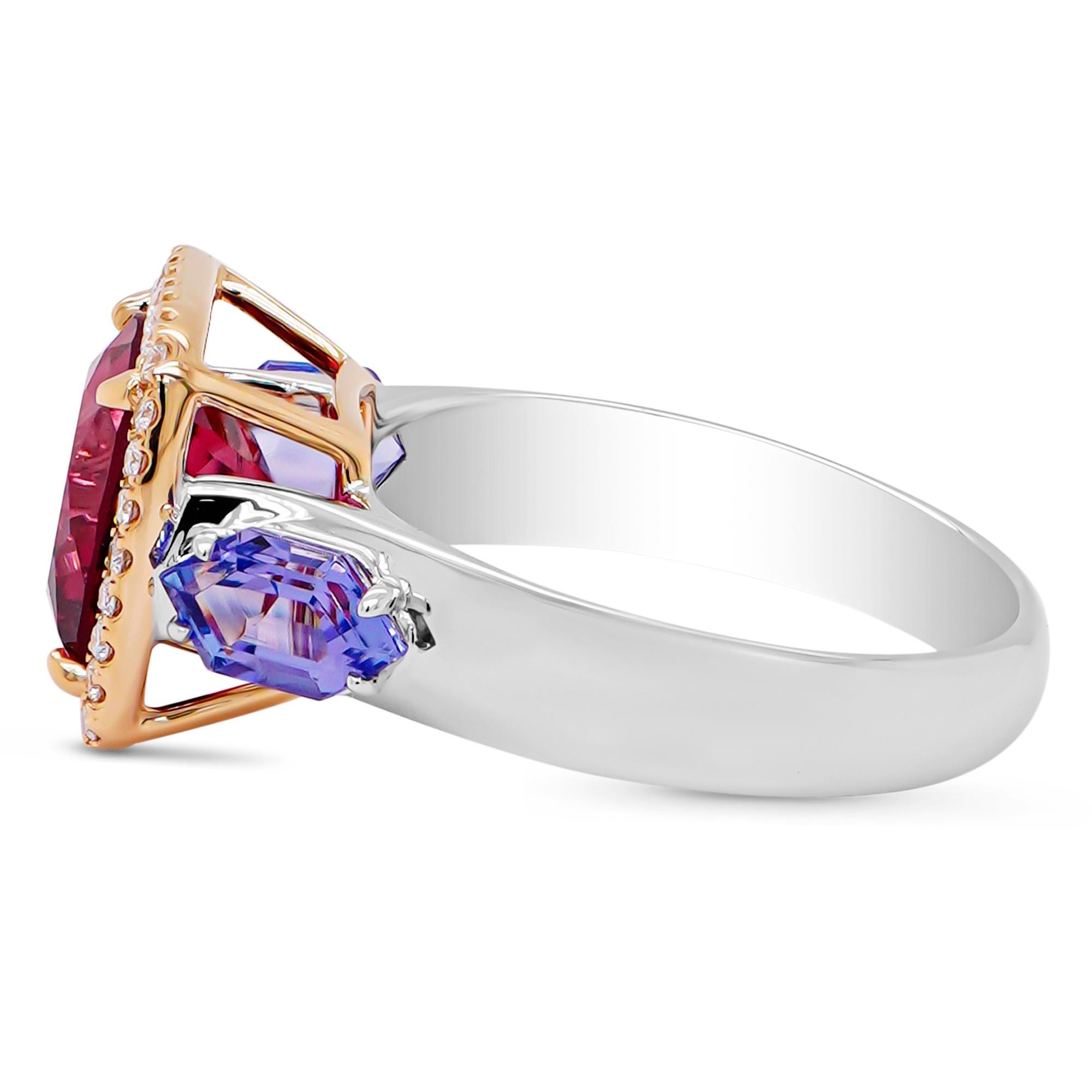Cushion Cut Vivid Pink Cruziero Rubellite Brazil 2.92 Carat & Tanzanite Cocktail Ring For Sale