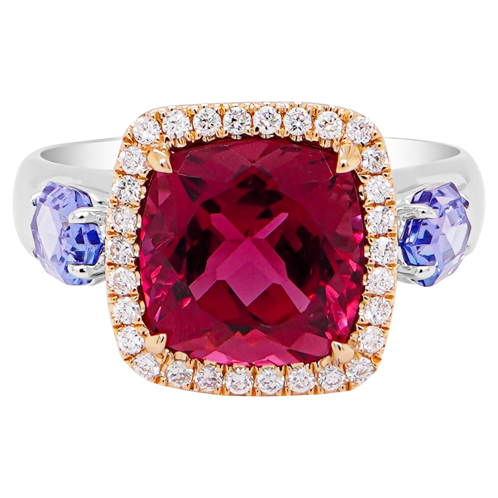 Vivid Pink Cruziero Rubellite Brazil 2.92 Carat & Tanzanite Cocktail Ring