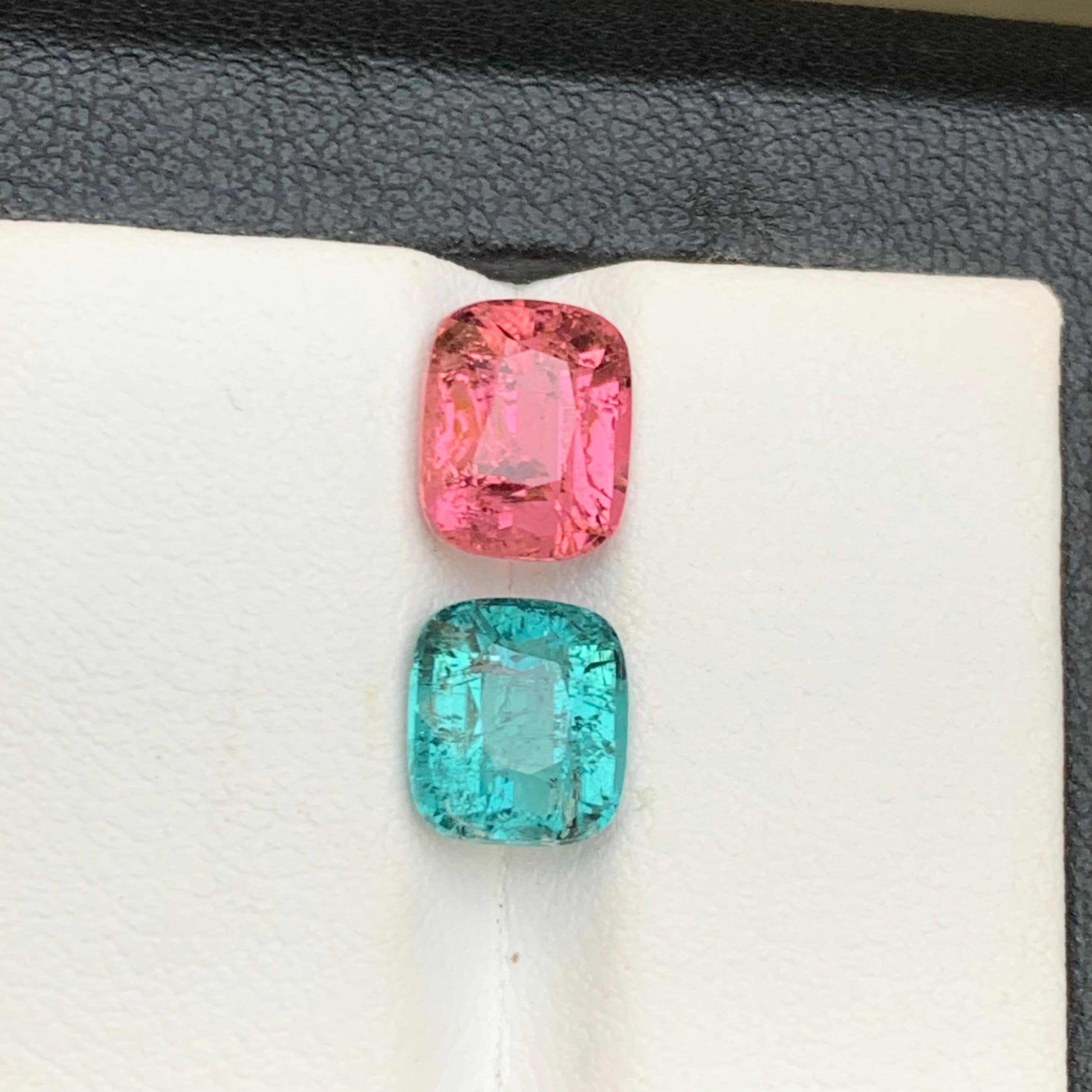 Vivid Pink & Light Blue Natural Tourmaline Gemstones 4.65 Ct Cushion Cut-Jewelry For Sale 1