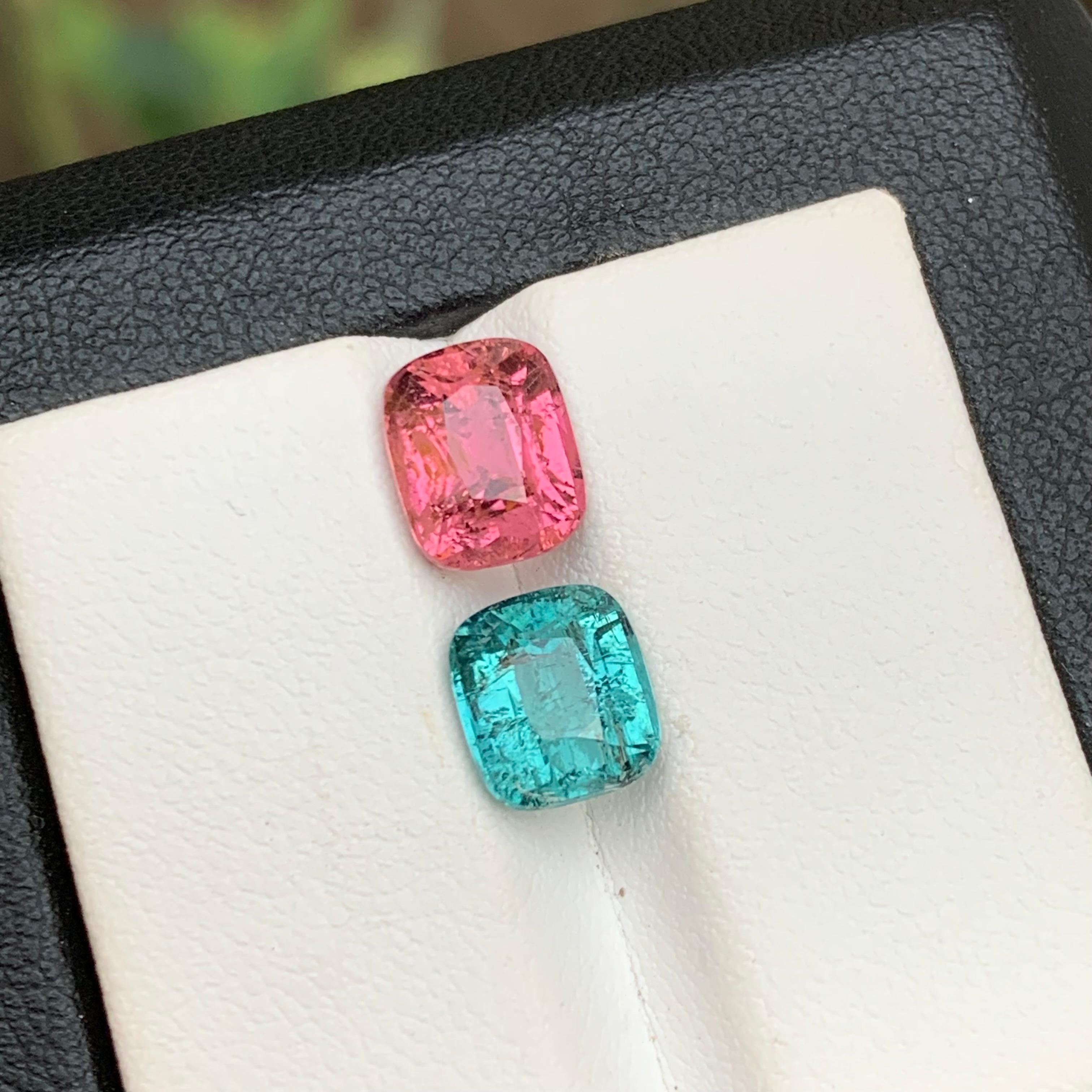 Vivid Pink & Light Blue Natural Tourmaline Gemstones 4.65 Ct Cushion Cut-Jewelry For Sale 3