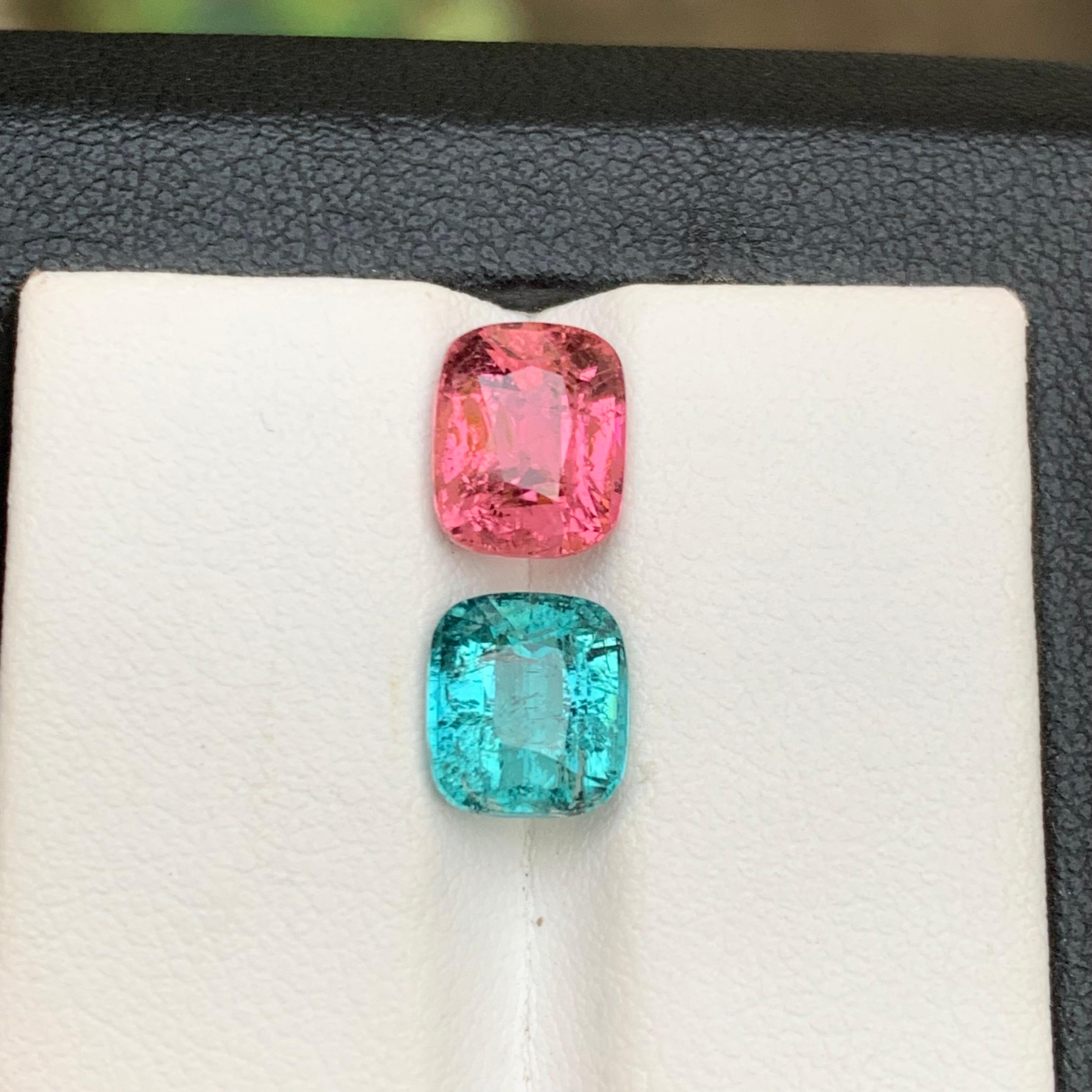 Vivid Pink & Light Blue Natural Tourmaline Gemstones 4.65 Ct Cushion Cut-Jewelry For Sale 4