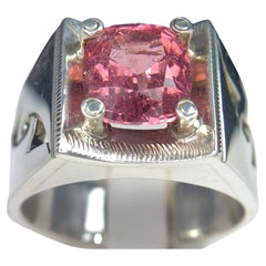 Vivid Pink Natural Tourmaline Gemstone Silver Ring Handmade Cushion Cut-Size 10