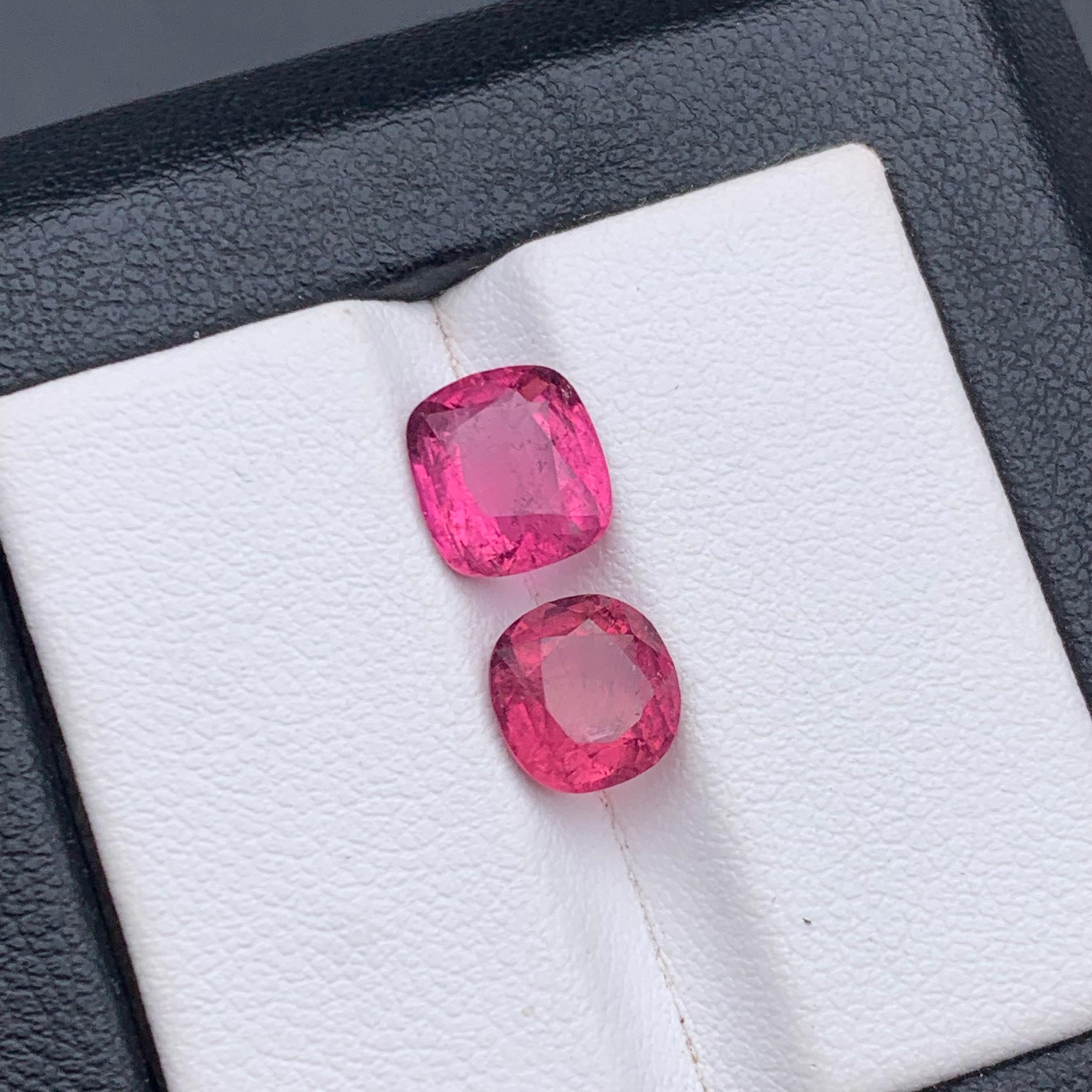 Contemporary Vivid Pink Natural Tourmaline Ring, Earrings Loose Gemstones 3.40 Ct Cushion Cut For Sale