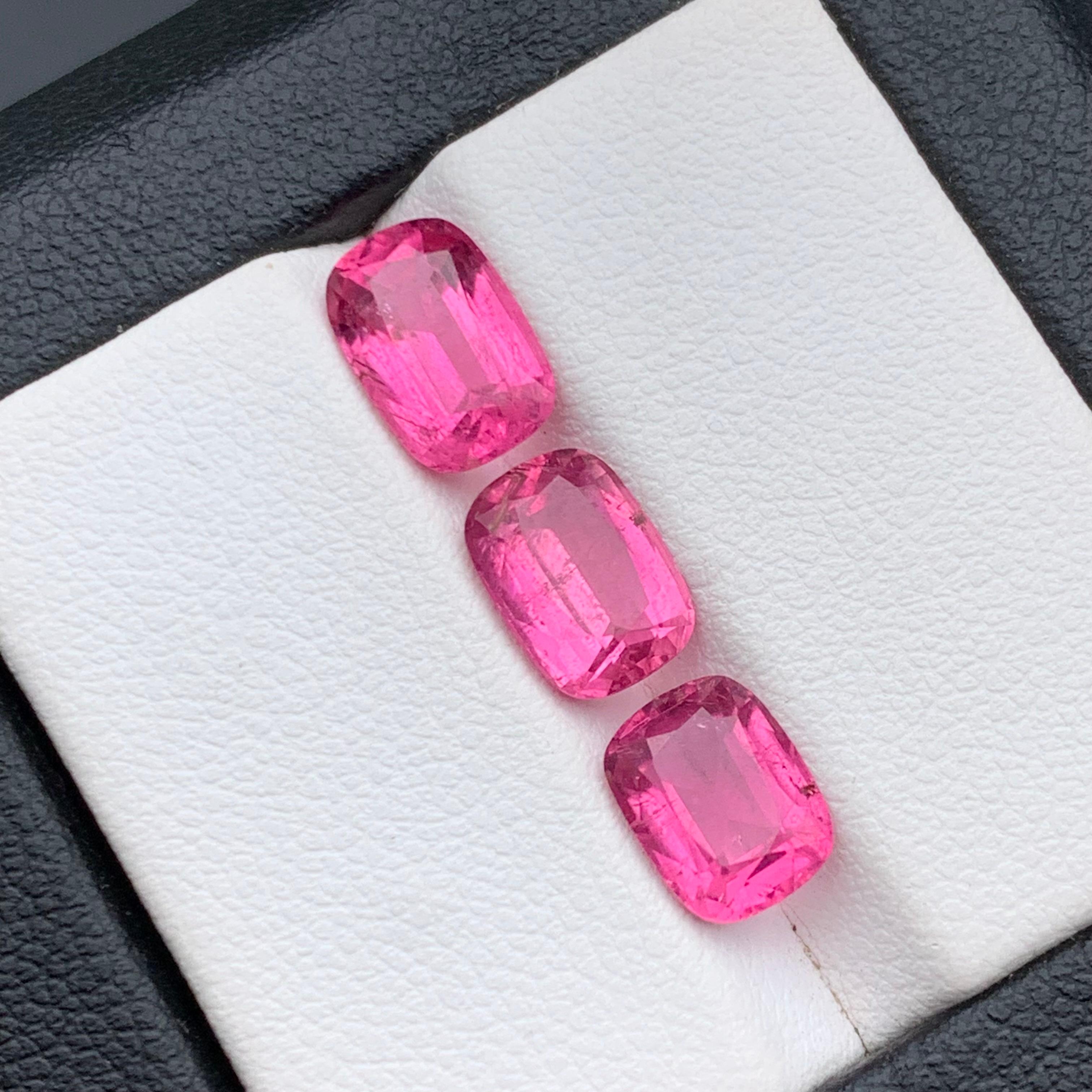 Contemporary Vivid Pink Natural Tourmaline Ring, Earrings Loose Gemstones 5.05 Ct Cushion Cut For Sale