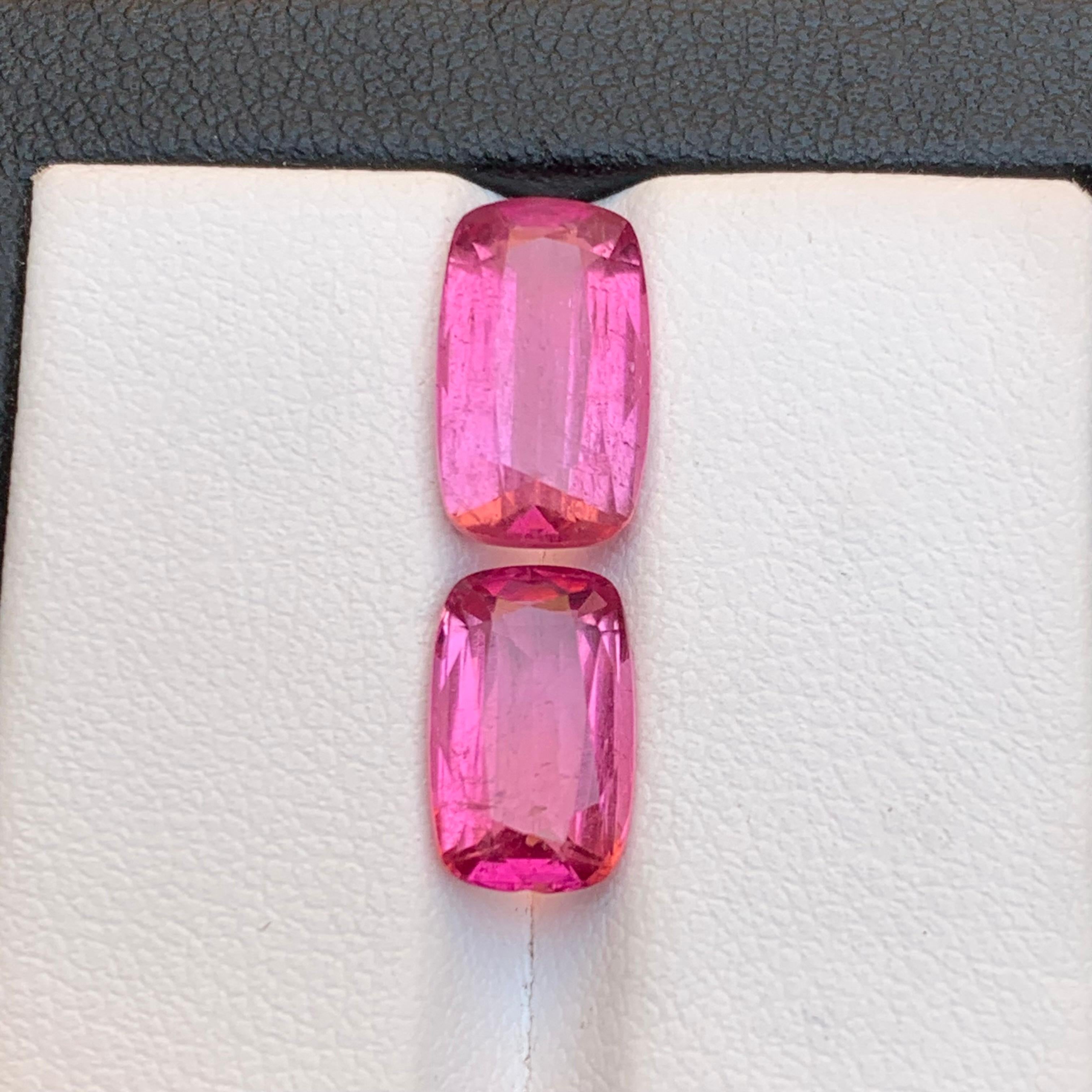 Contemporary Vivid Pink Natural Tourmaline Ring, Earrings Loose Gemstones 6.45 Ct Cushion Cut For Sale