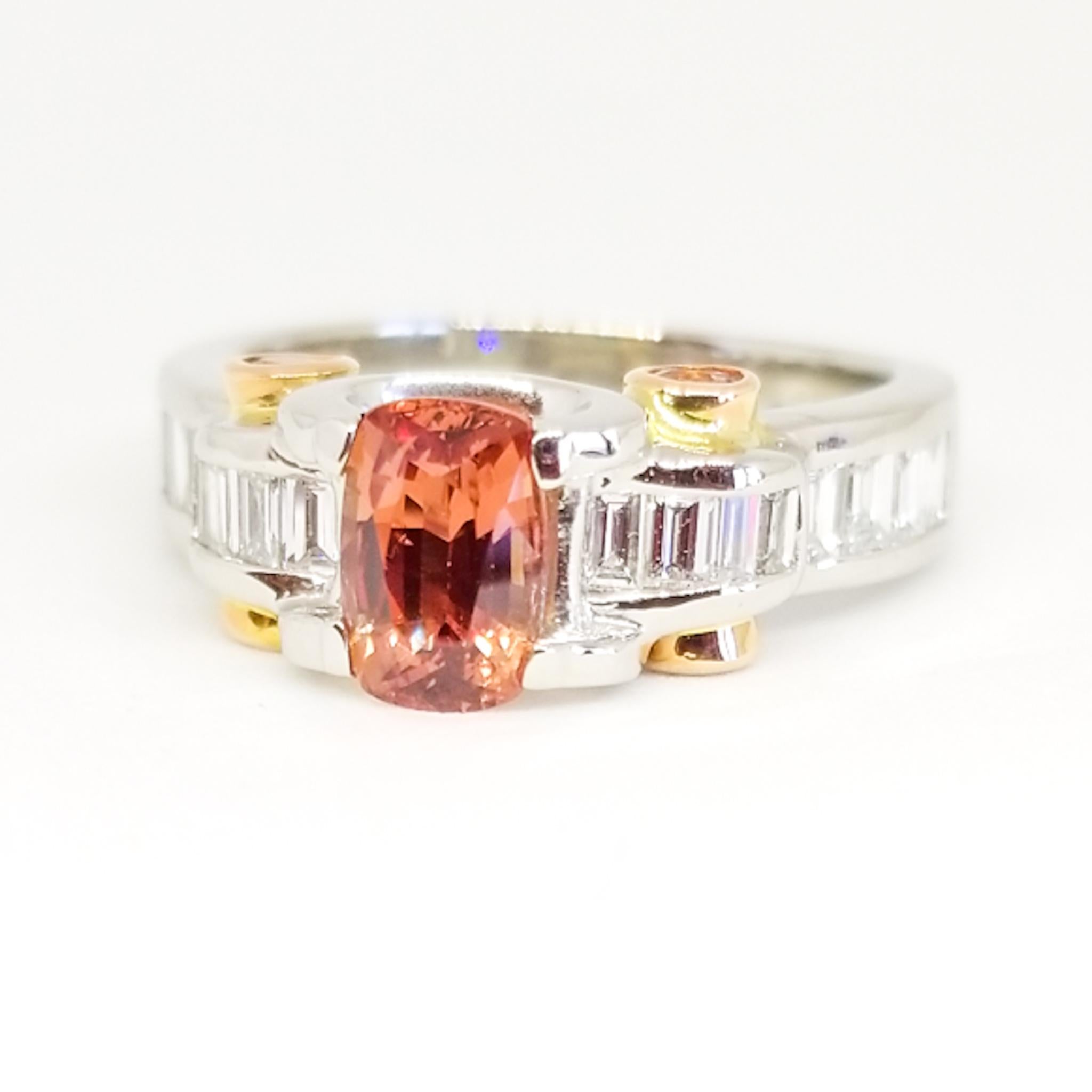 Contemporary Vivid Pink Peach Orange Unheated  NatFancy Sapphire Baguette Diamond Ring PT 18K