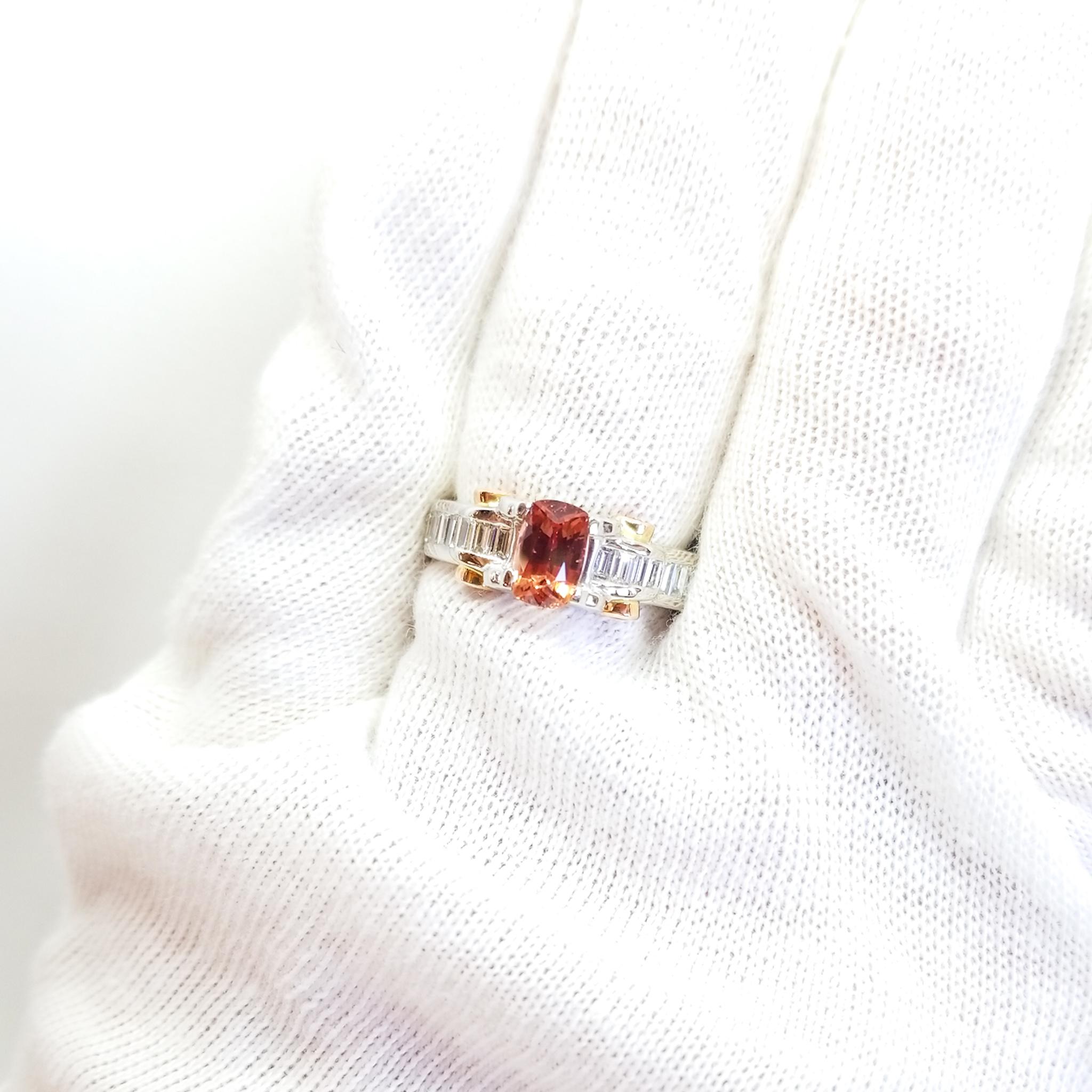 Antique Cushion Cut Vivid Pink Peach Orange Unheated  NatFancy Sapphire Baguette Diamond Ring PT 18K