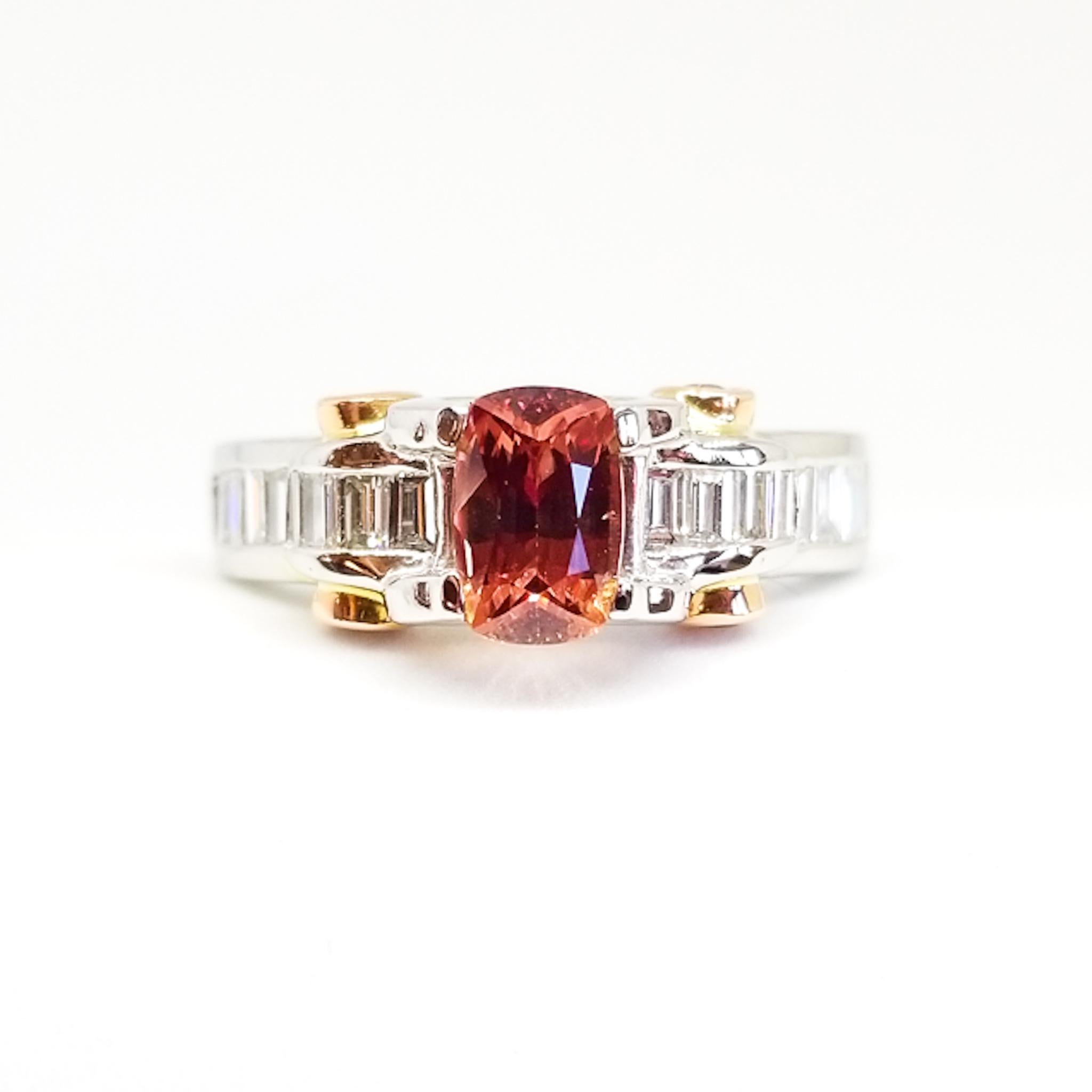 Vivid Pink Peach Orange Unheated  NatFancy Sapphire Baguette Diamond Ring PT 18K In New Condition In Lambertville , NJ