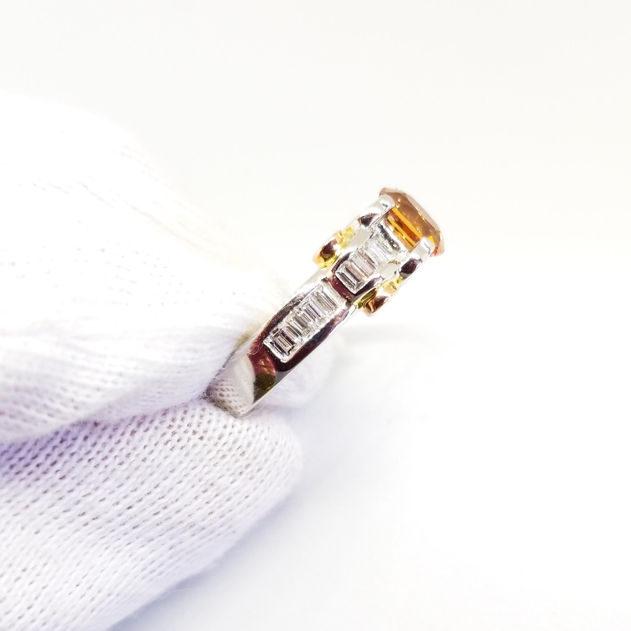 Vivid Pink Peach Orange Unheated  NatFancy Sapphire Baguette Diamond Ring PT 18K 1