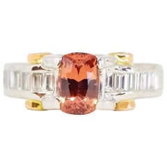 Rosa Vivo Pesca Arancione Non riscaldato NatFancy Anello Zaffiro Baguette Diamante PT 18K