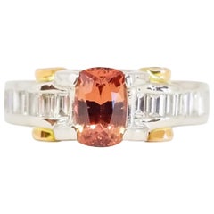 Vivid Pink Peach Orange Unheated  NatFancy Sapphire Baguette Diamond Ring PT 18K