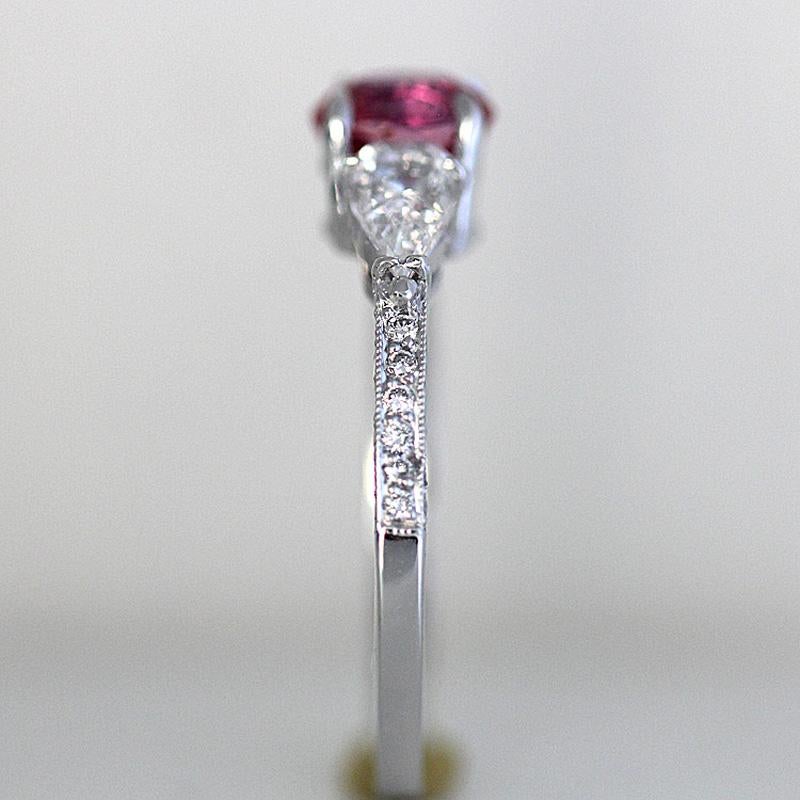 Oval Cut Vivid Pink Sapphire 1.00 Carat Three-Stone Ring 18 Karat White For Sale