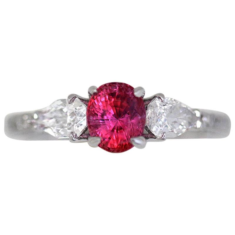 Vivid Pink Sapphire 1.00 Carat Three-Stone Ring 18 Karat White For Sale