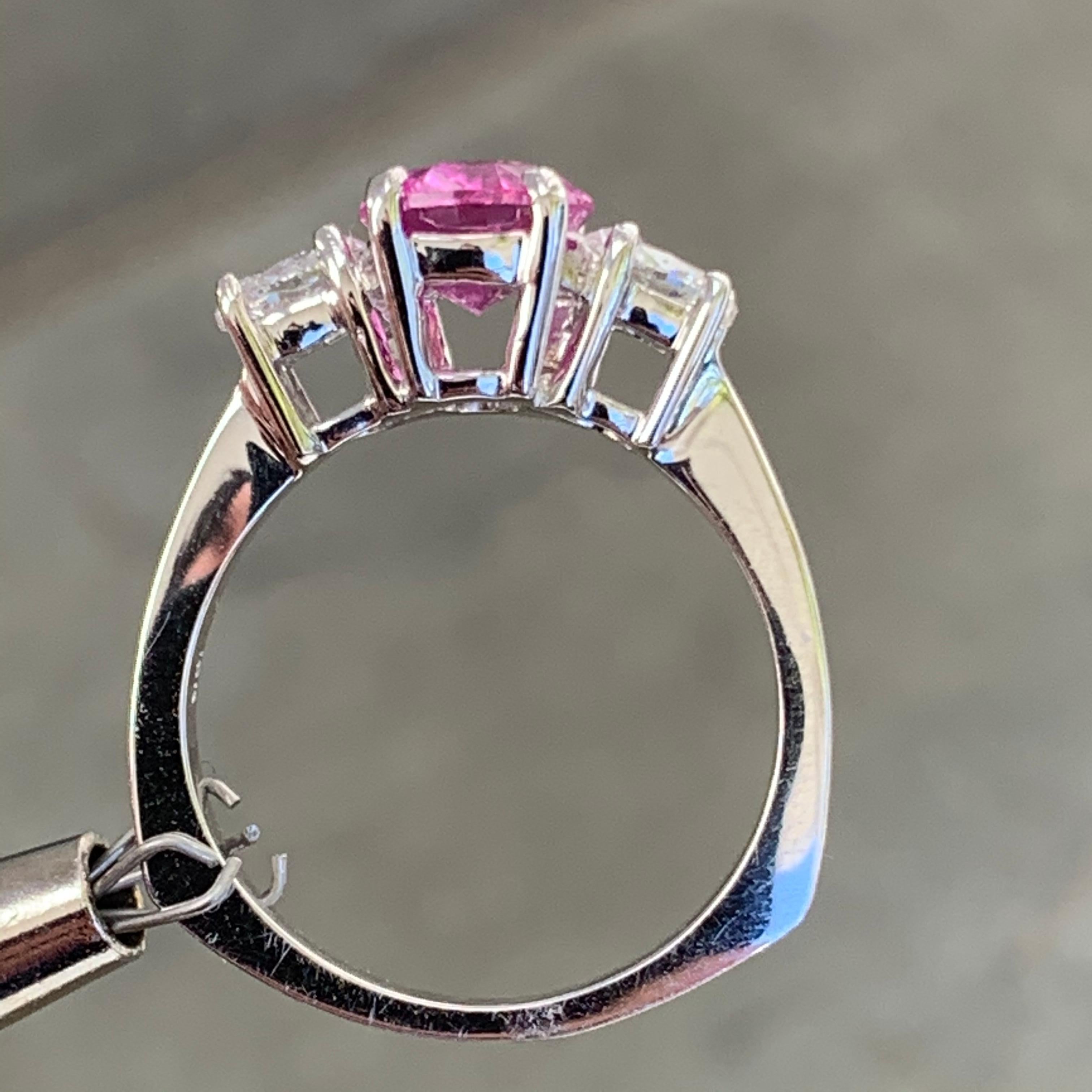 Modern Vivid Pink Sapphire 2.30 Carat Three-Stone Ring 18 Karat White For Sale