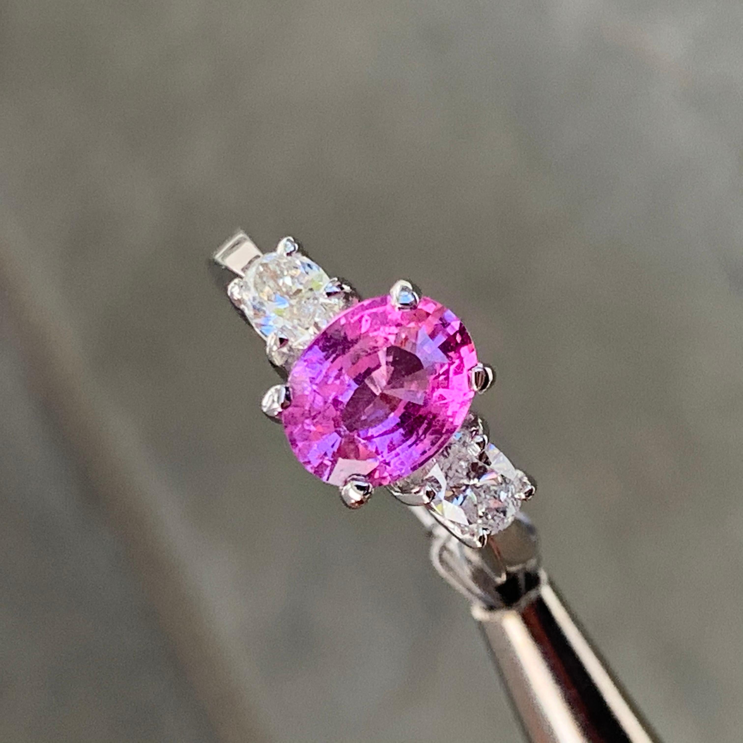 Vivid Pink Sapphire 2.30 Carat Three-Stone Ring 18 Karat White In New Condition For Sale In West Hollywood, CA