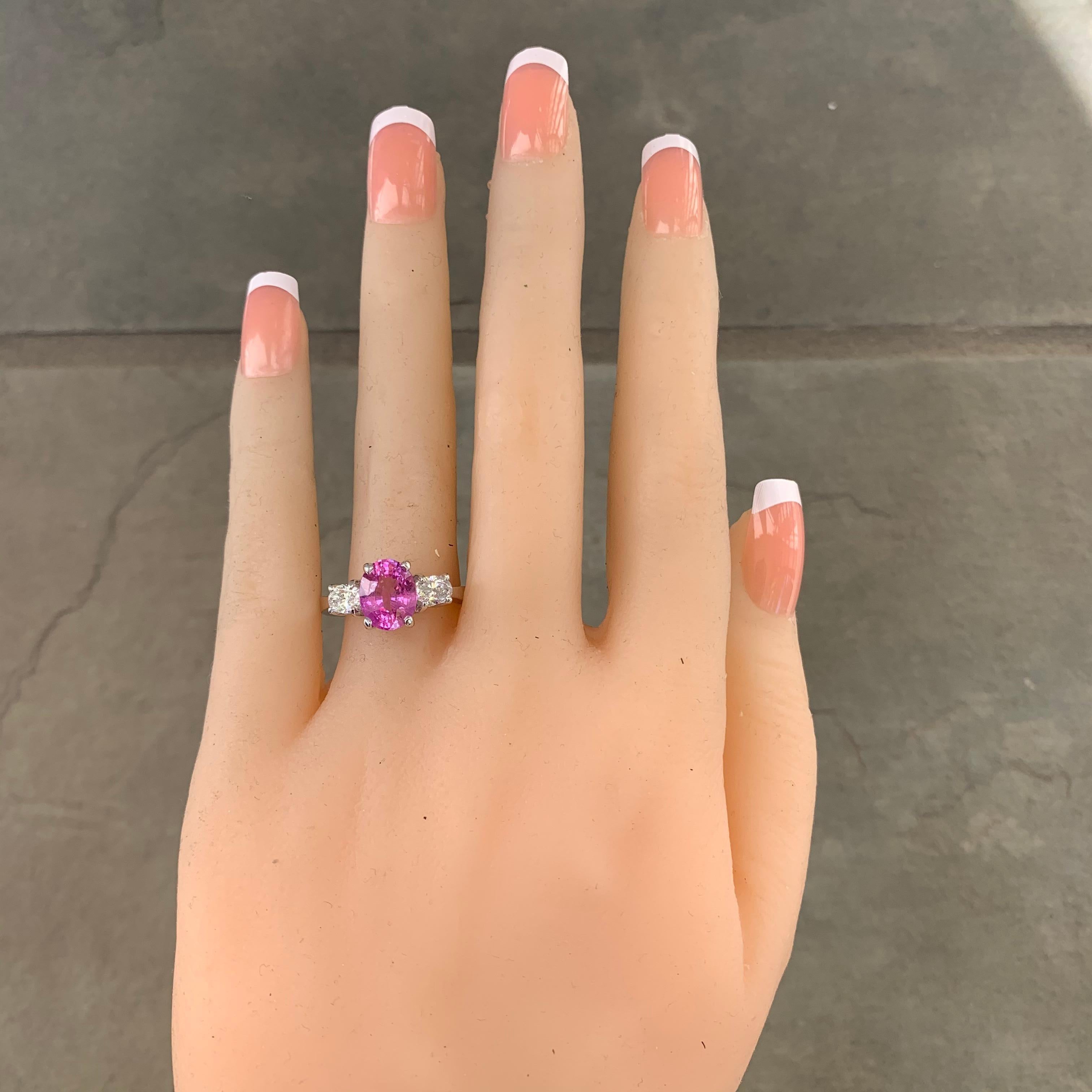 Women's Vivid Pink Sapphire 2.30 Carat Three-Stone Ring 18 Karat White For Sale