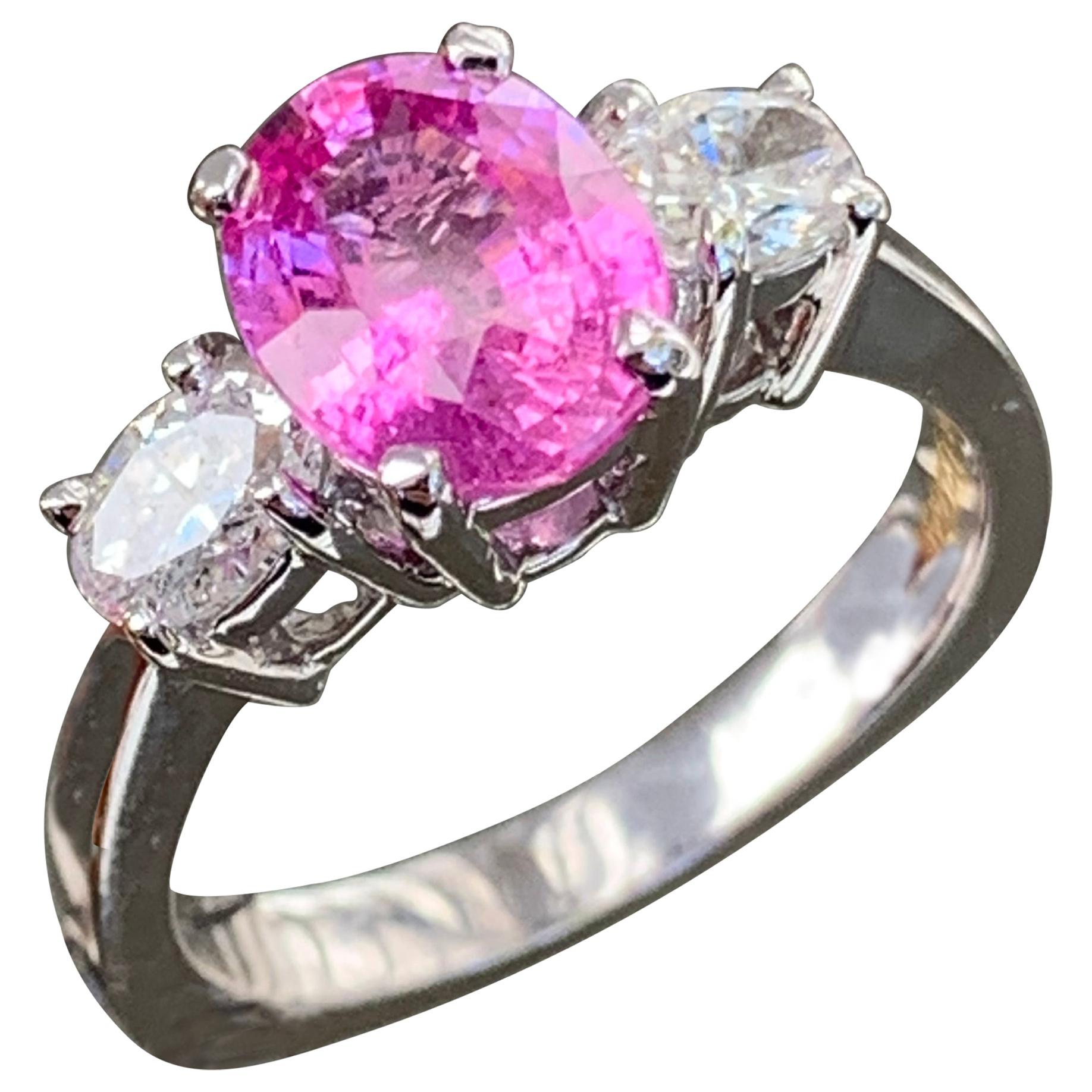 Vivid Pink Sapphire 2.30 Carat Three-Stone Ring 18 Karat White For Sale