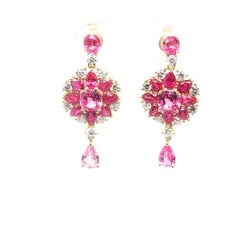 Vivid Pink Sapphire and Diamond Dangle Earrings in 18k Yellow Gold, 5.81 Cts TW