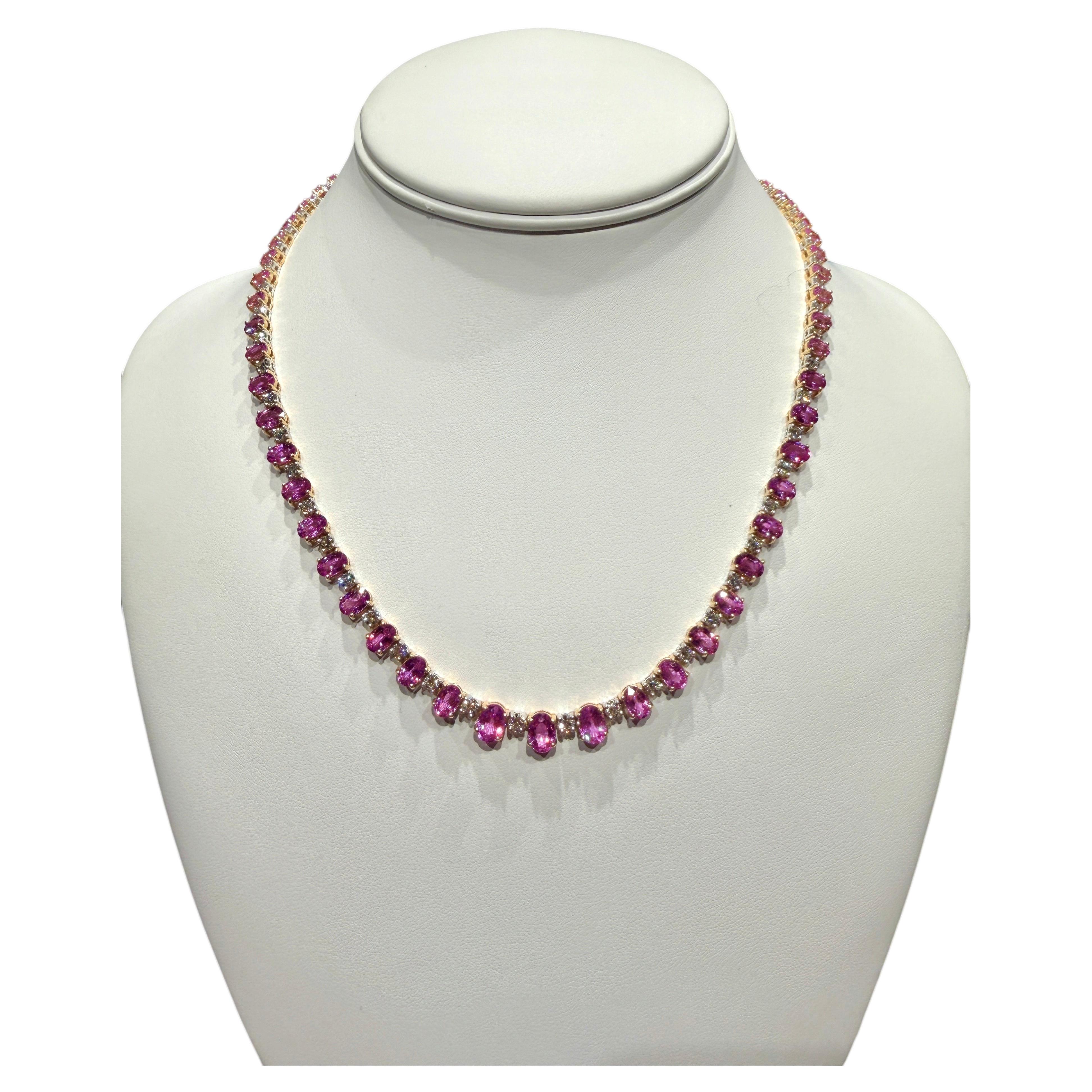 Vivid Pink Sapphire and Diamond Tennis Necklace