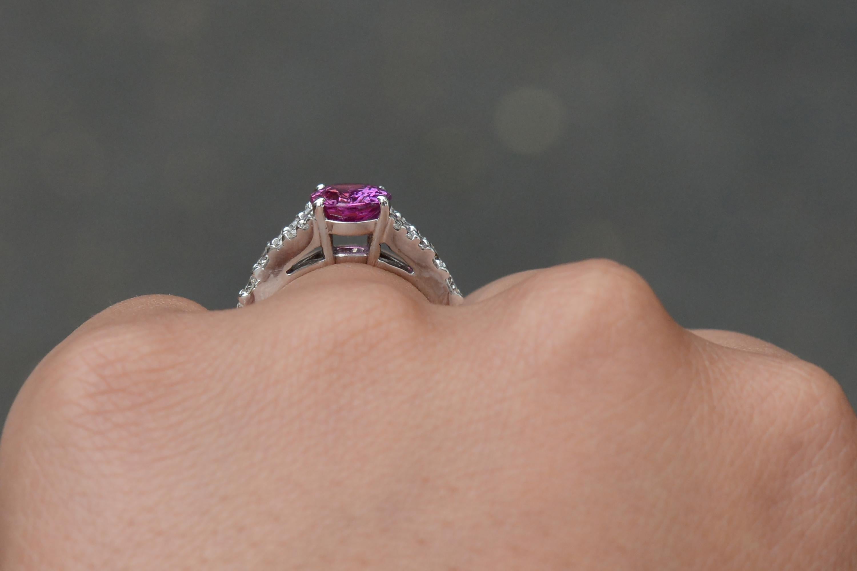 Modern Vivid Pink Sapphire Gemstone V Band Engagement Ring For Sale