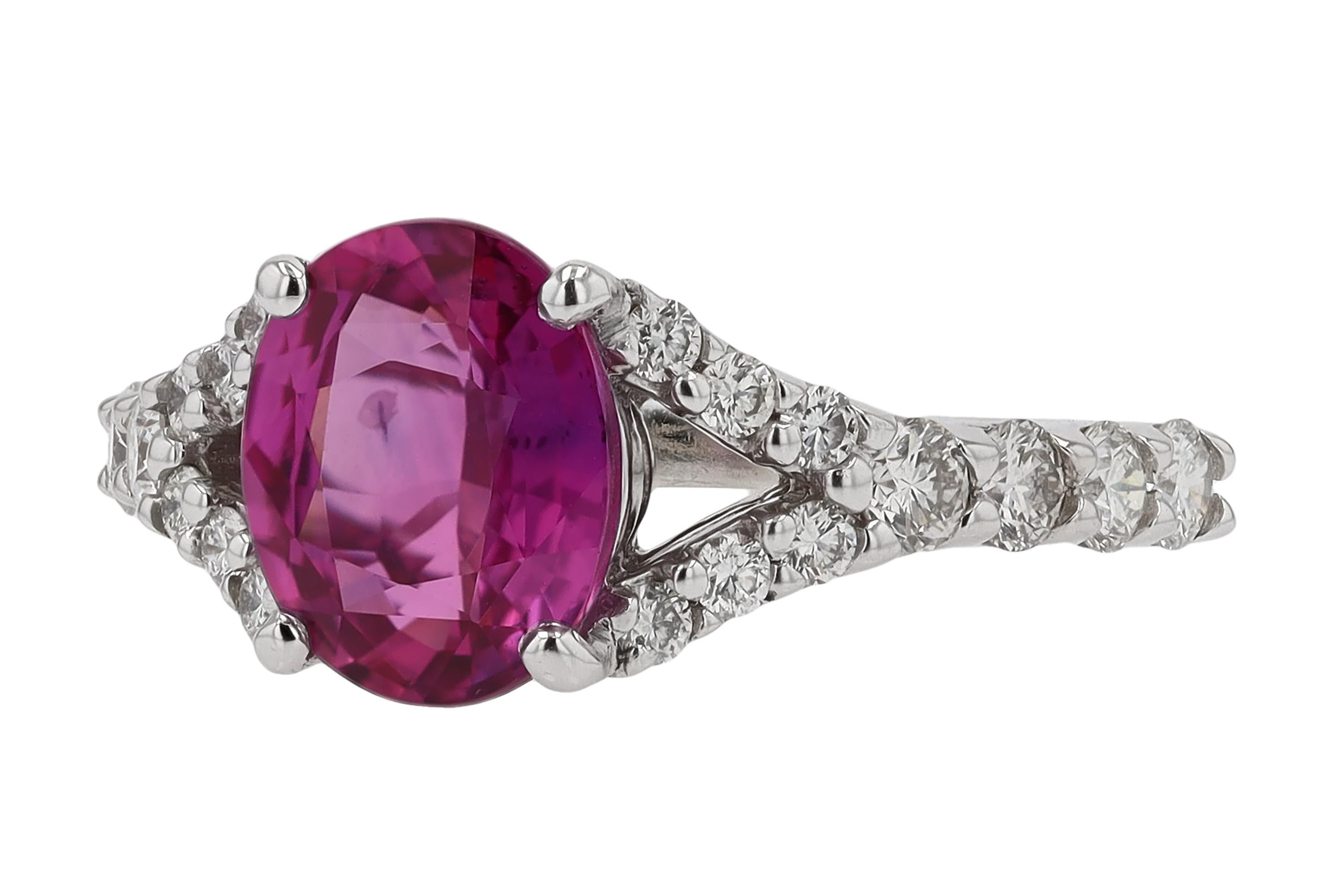 Oval Cut Vivid Pink Sapphire Gemstone V Band Engagement Ring For Sale