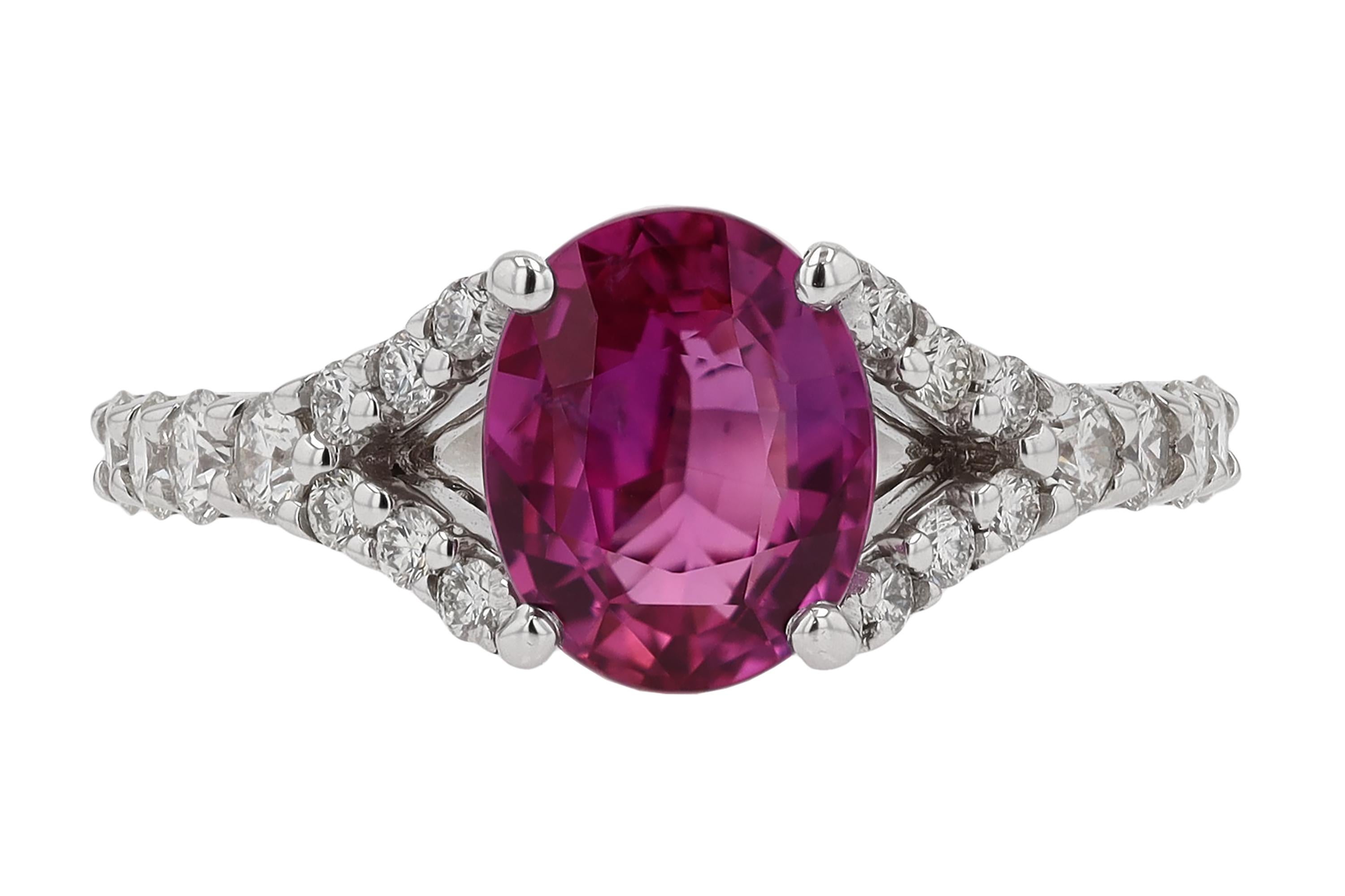 Vivid Pink Sapphire Gemstone V Band Engagement Ring For Sale