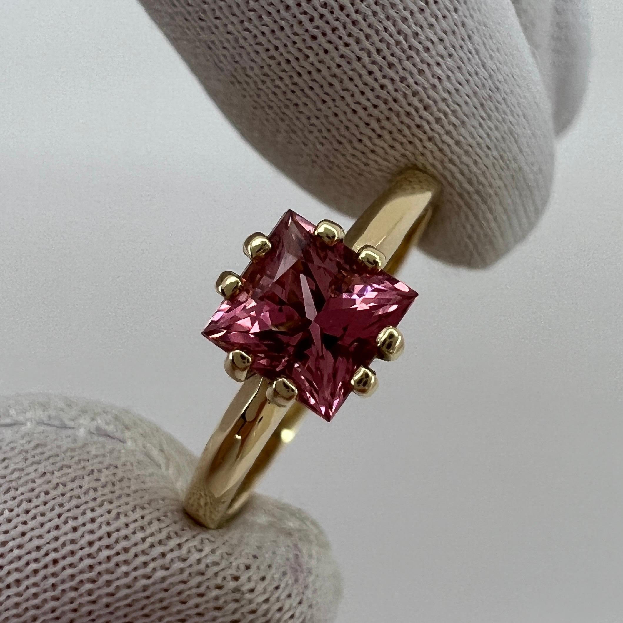 Vivid Pink Tourmaline Custom Square Princess Cut Yellow Gold Solitaire Ring In New Condition For Sale In Birmingham, GB