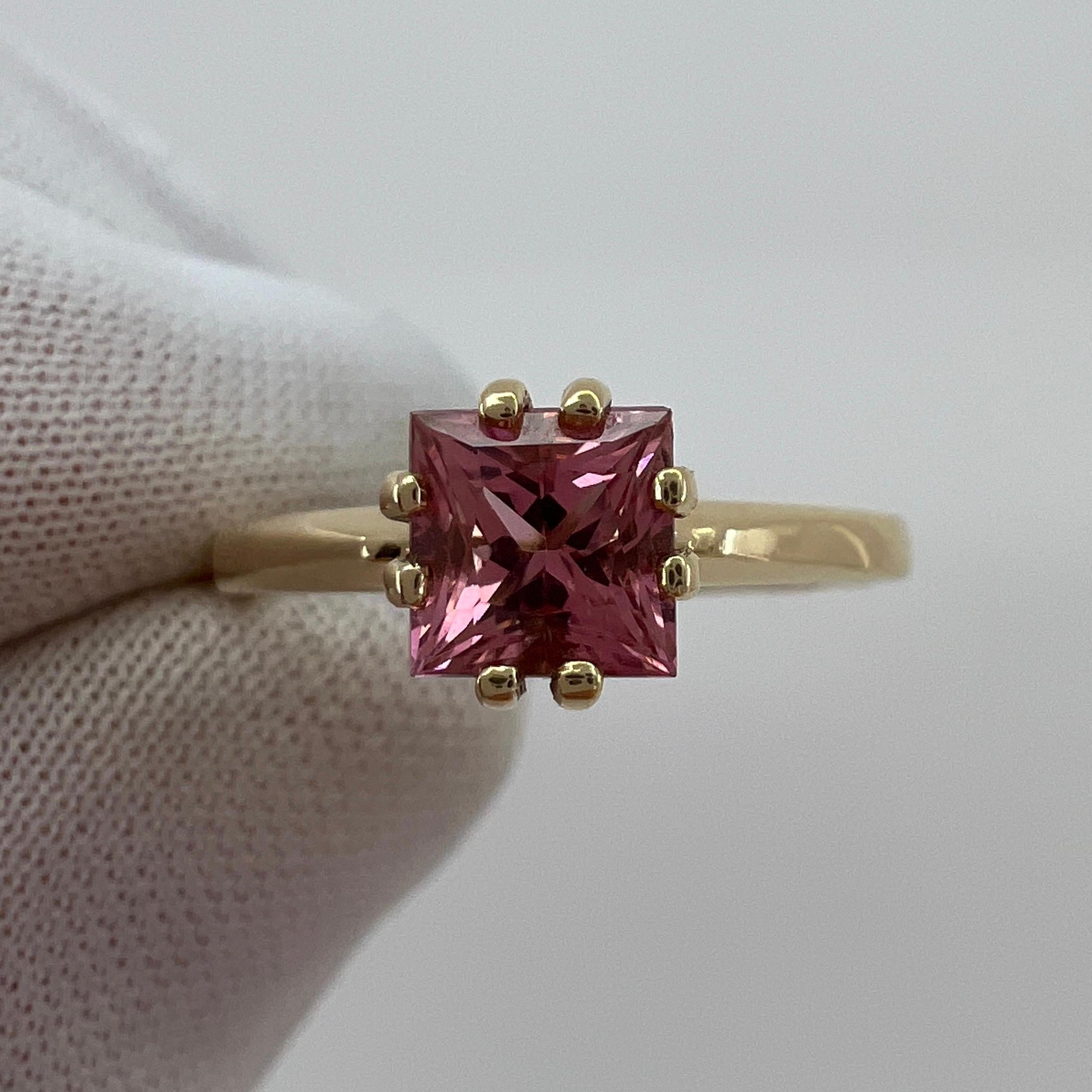 Women's or Men's Vivid Pink Tourmaline Custom Square Princess Cut Yellow Gold Solitaire Ring For Sale