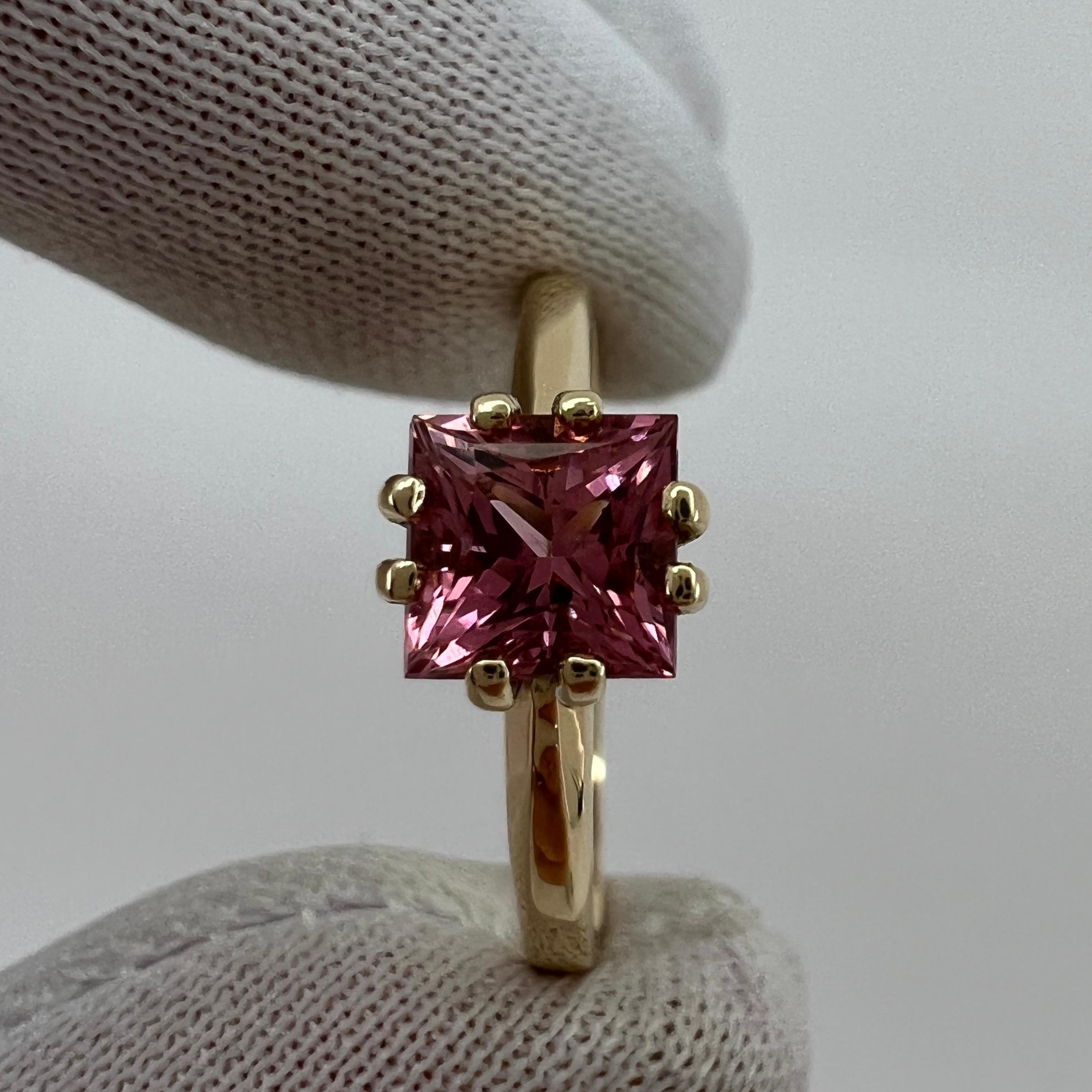 Vivid Pink Tourmaline Custom Square Princess Cut Yellow Gold Solitaire Ring For Sale 2