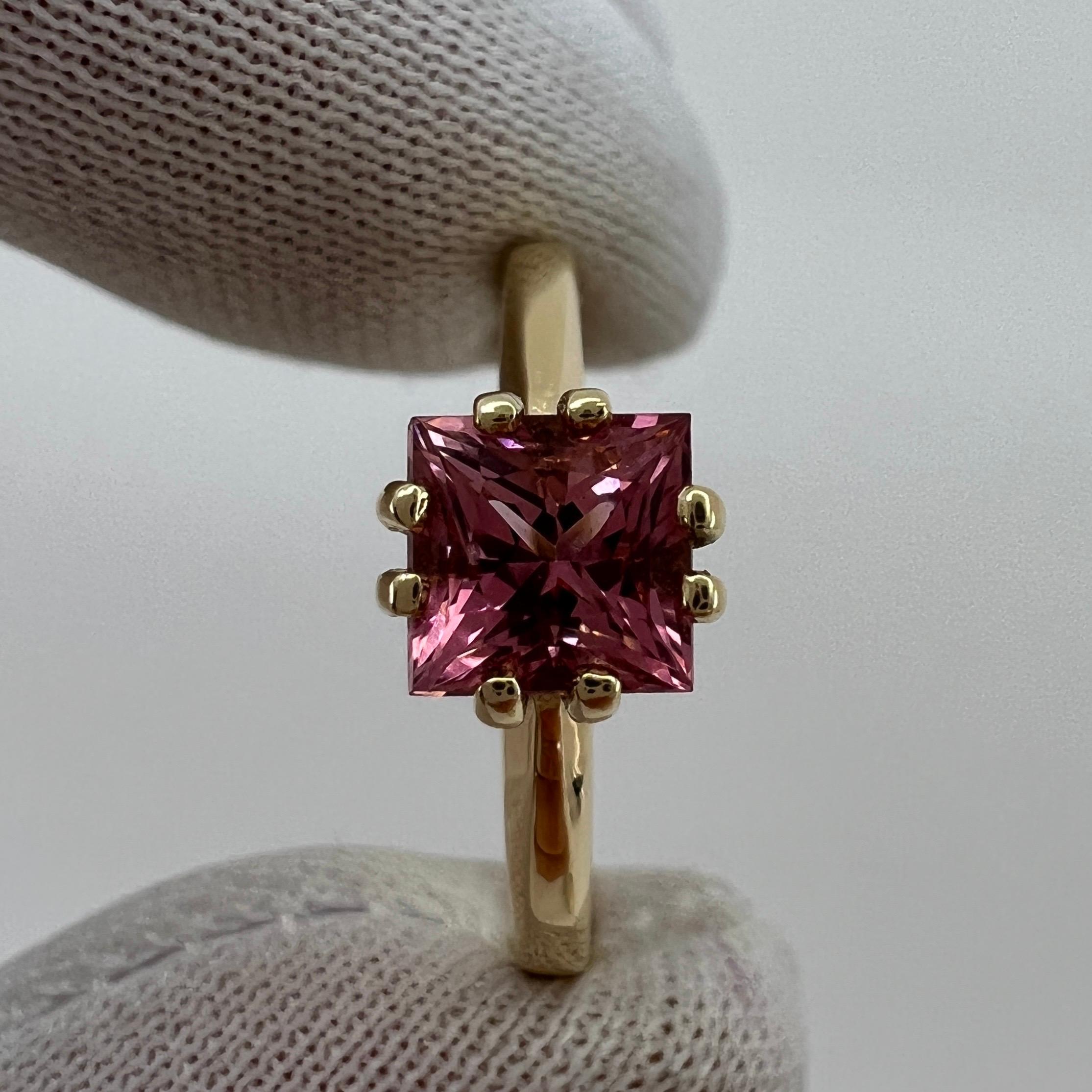 Vivid Pink Tourmaline Custom Square Princess Cut Yellow Gold Solitaire Ring For Sale 3