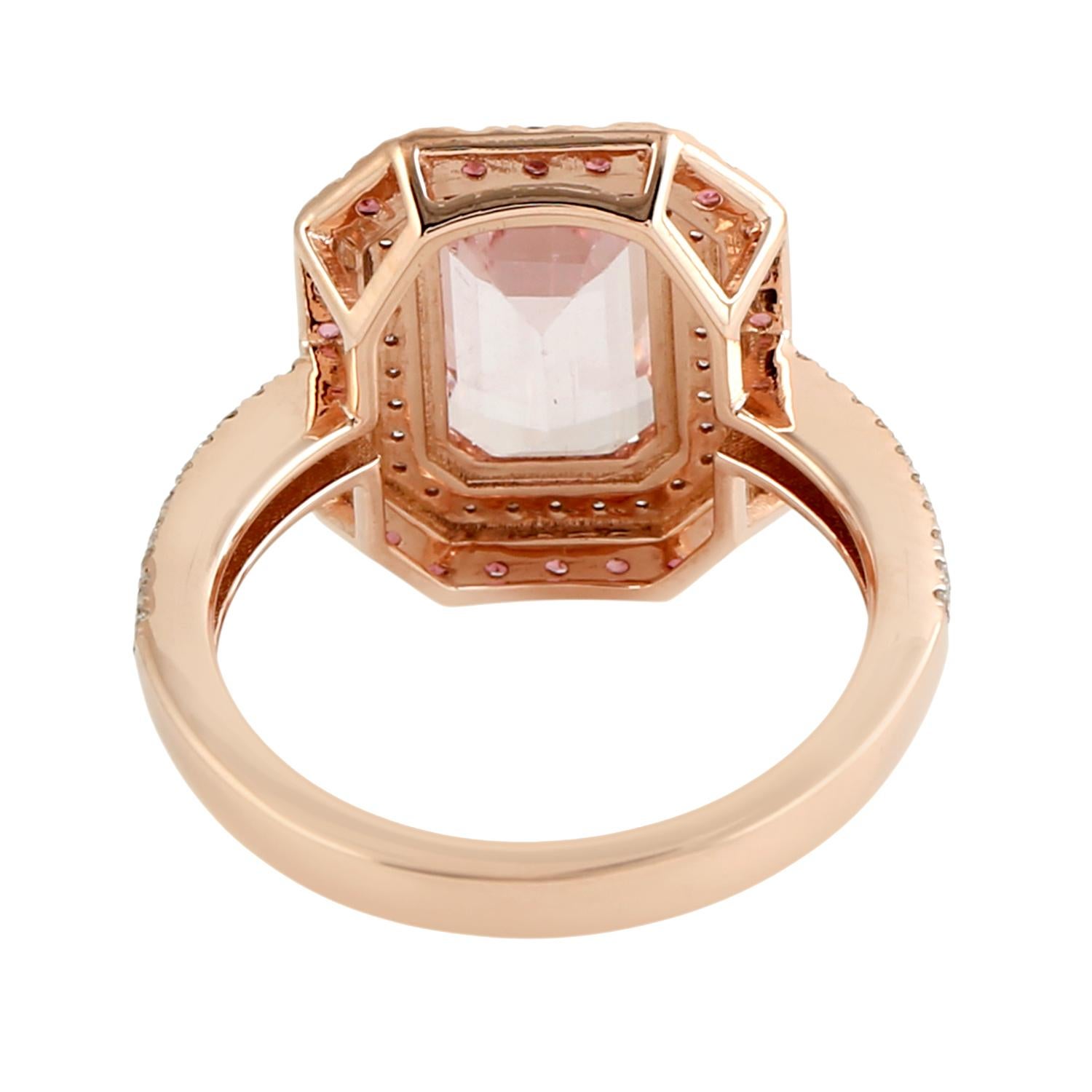 Anillo de Cóctel de Turmalina Rosa Viva Acentuado con Diamantes Engastados en Oro Rosa de 14k Art Decó en venta
