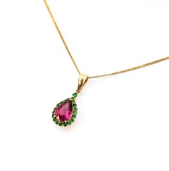 Vivid Pink Tourmaline & Emerald Pendant in 14k Yellow Gold