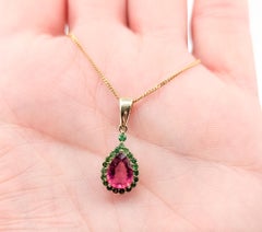 Vivid Pink Tourmaline & Emerald Teardrop Pendant in 14k Yellow Gold