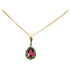 Vivid Pink Tourmaline & Emerald Teardrop Pendant in 14k Yellow Gold