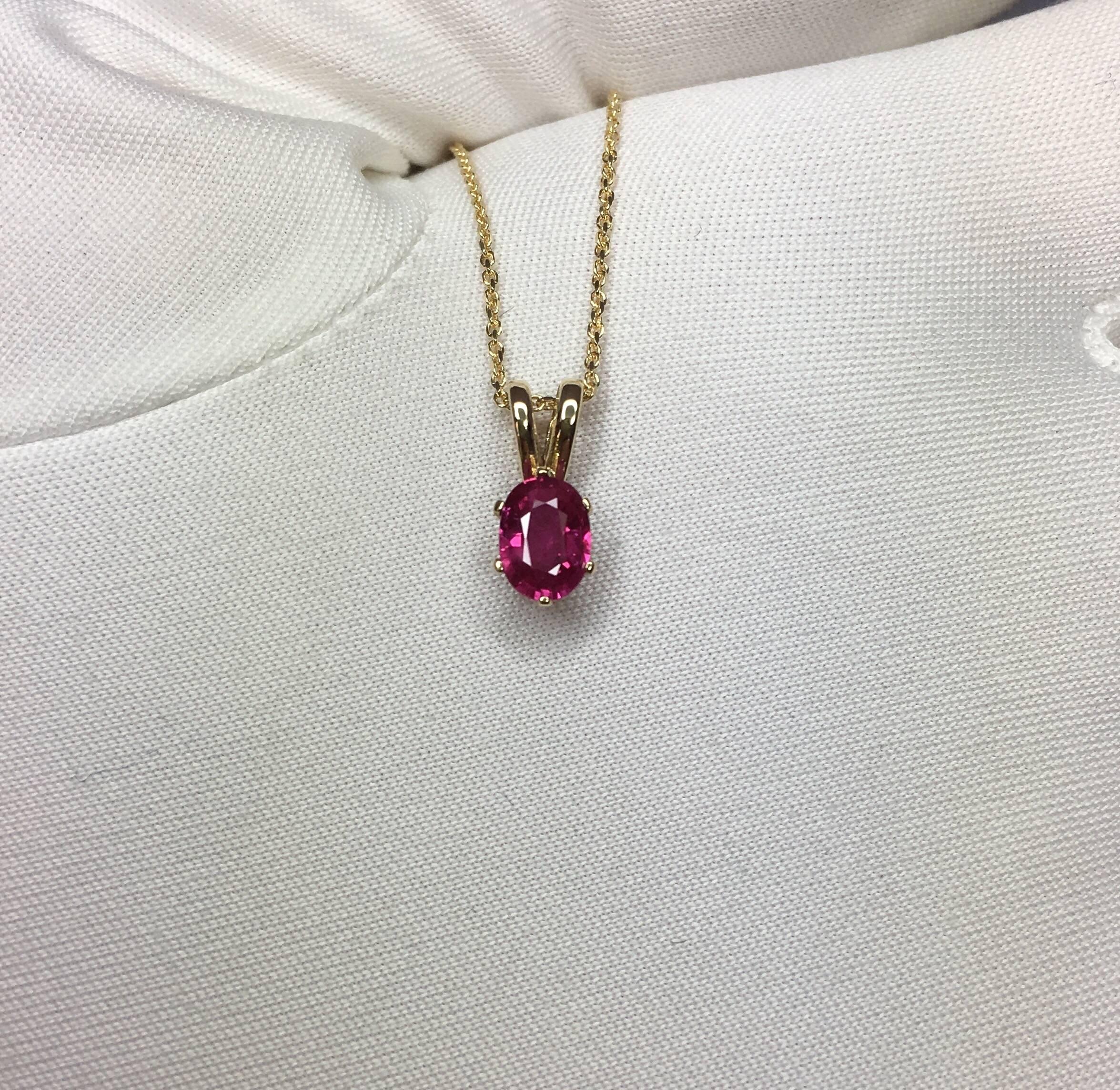Vivid Pinkish Red 0.54 Carat Ruby Solitaire Oval Cut Yellow Gold Pendant 1