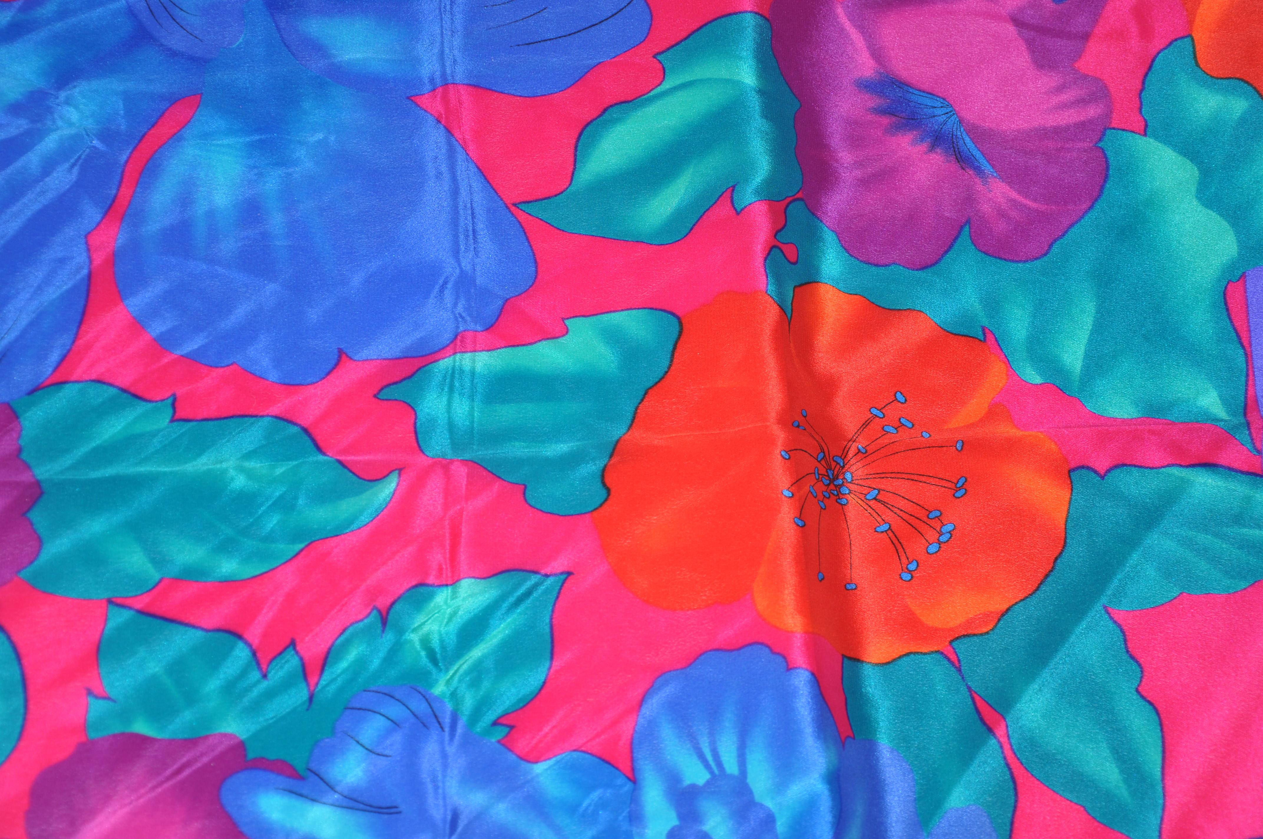 Vivid Poppies & Orchids With Violet Borders Silk Scarf In Good Condition For Sale In New York, NY