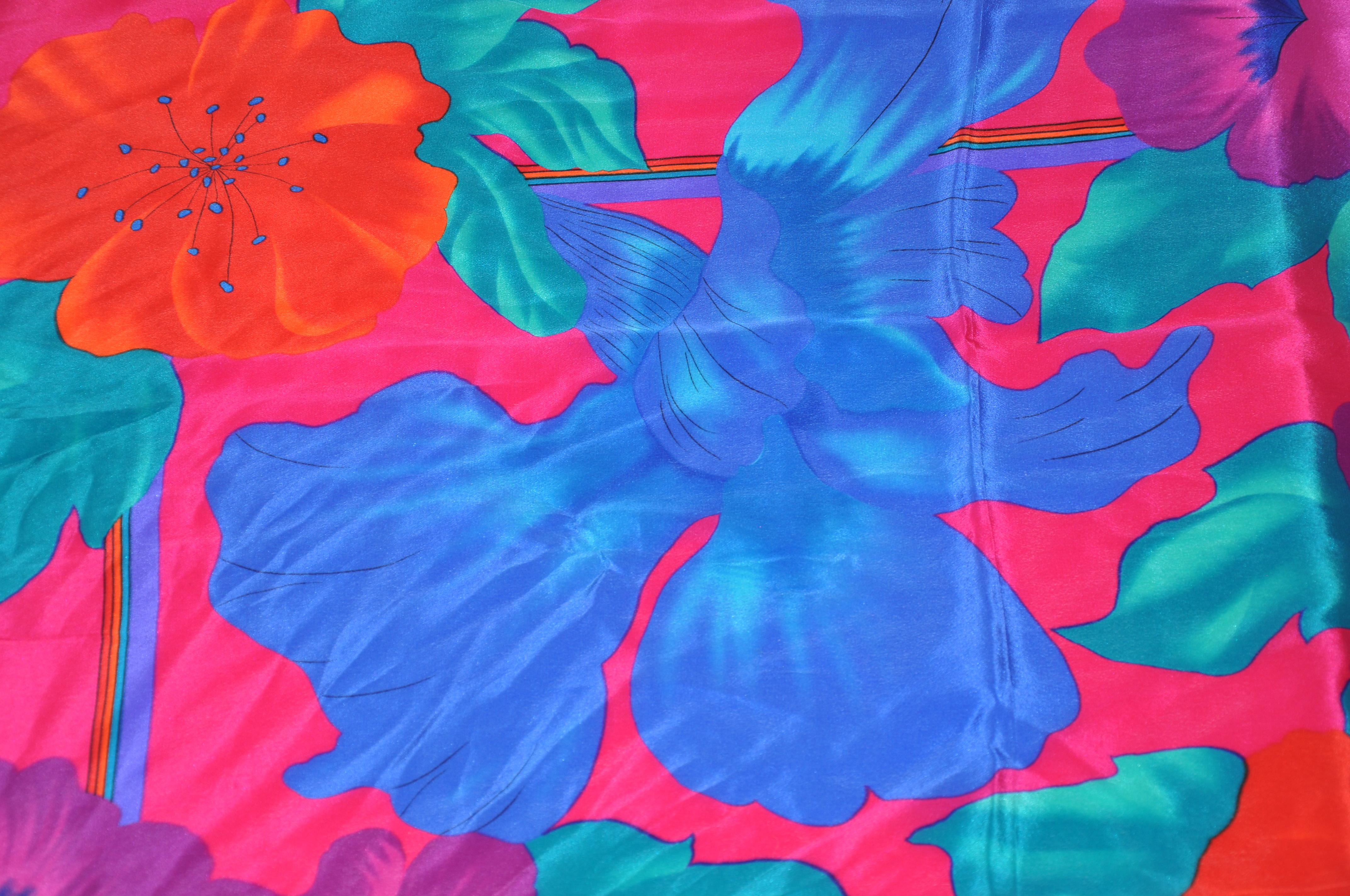 Women's or Men's Vivid Poppies & Orchids With Violet Borders Silk Scarf For Sale