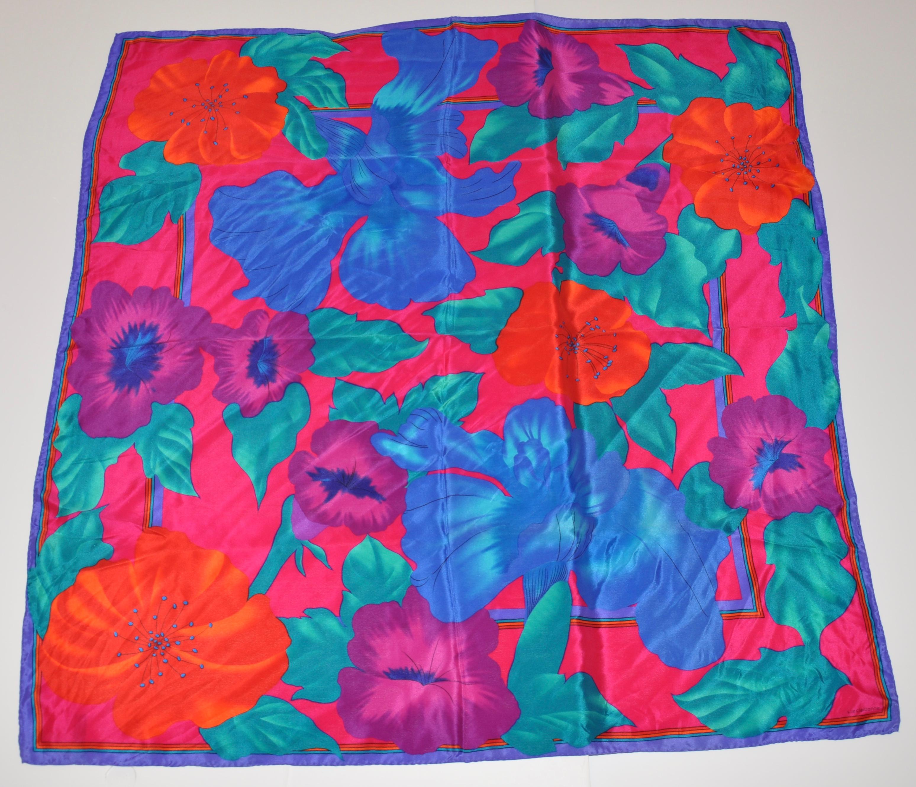 Vivid Poppies & Orchids With Violet Borders Silk Scarf For Sale 1