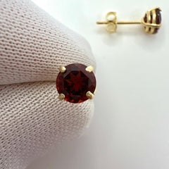 Vivid Red Almandine Rhodolite Garnet 9k Yellow Gold Round Cut Stud Earrings