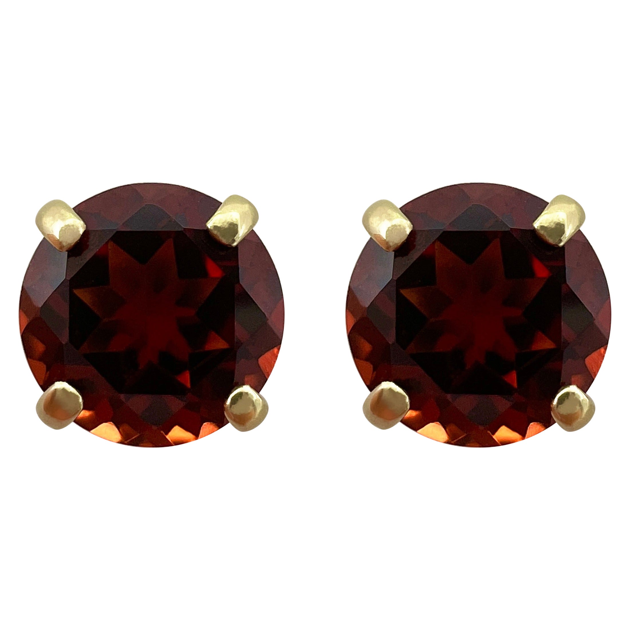Vivid Red Rhodolite Garnet 9k Yellow Gold Round Cut Stud Earrings (Boucles d'oreilles en or jaune)